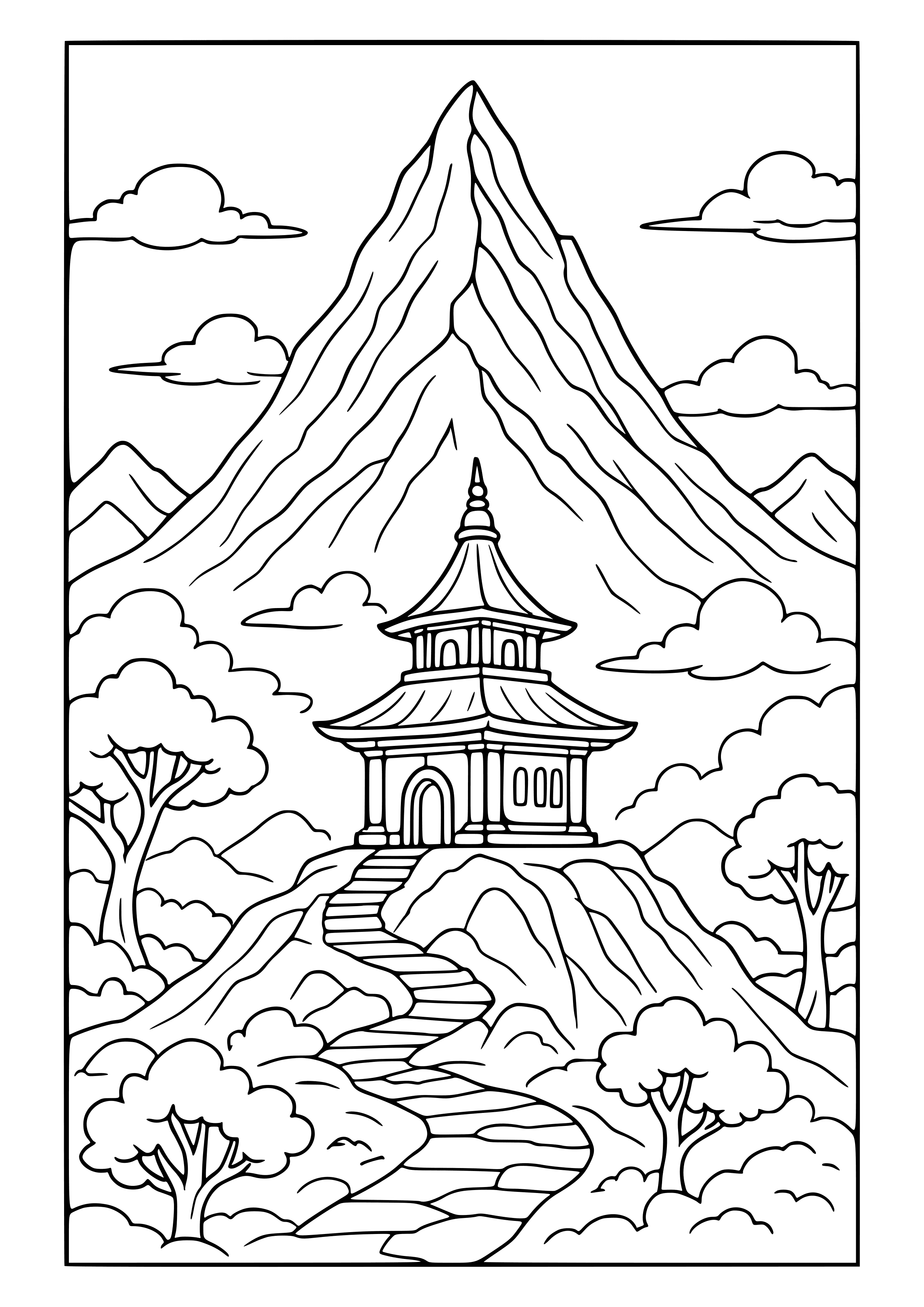 Sacred Mountain with a Temple Coloring Page