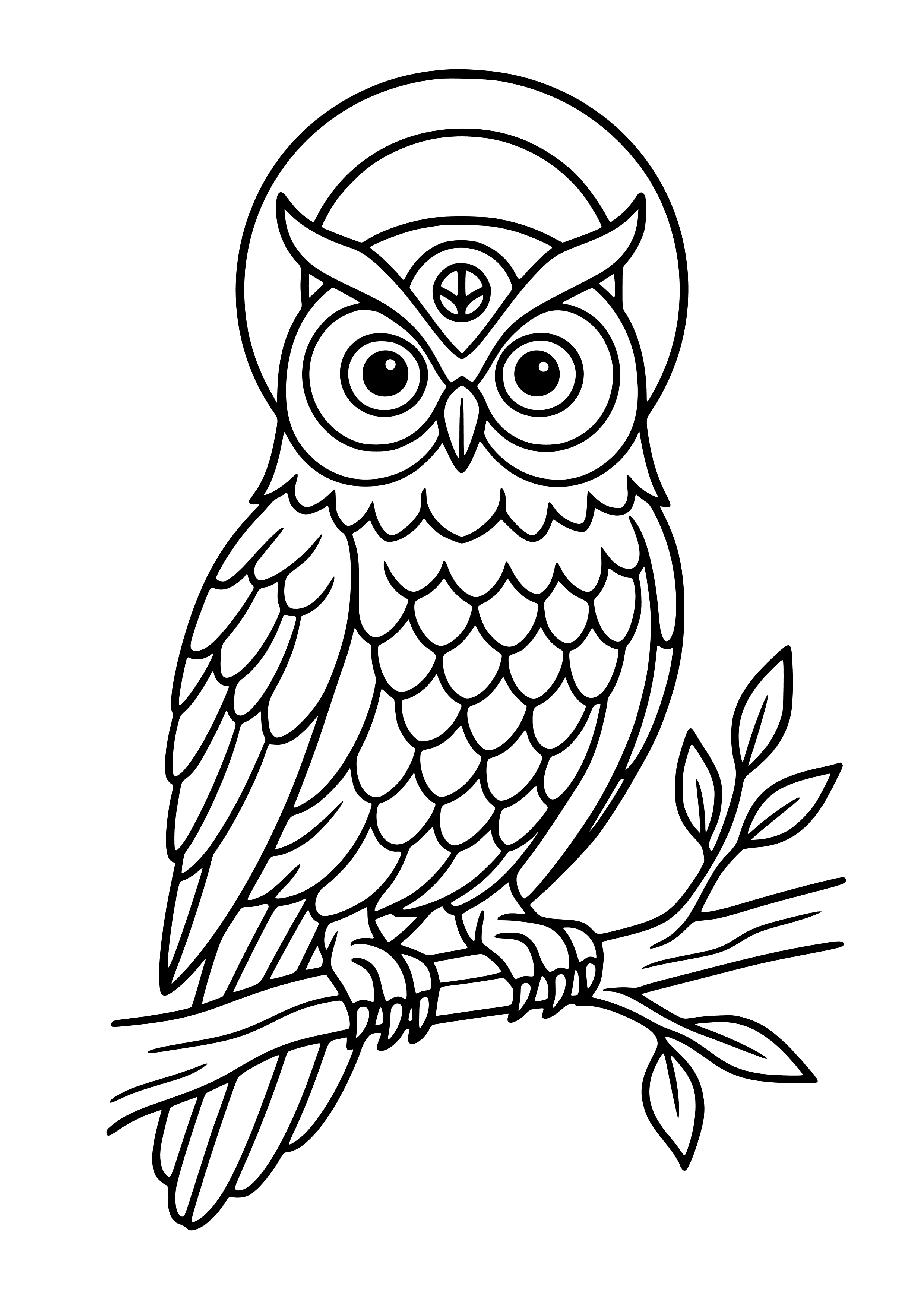 Sacred Owl Perched on a Branch Coloring Page
