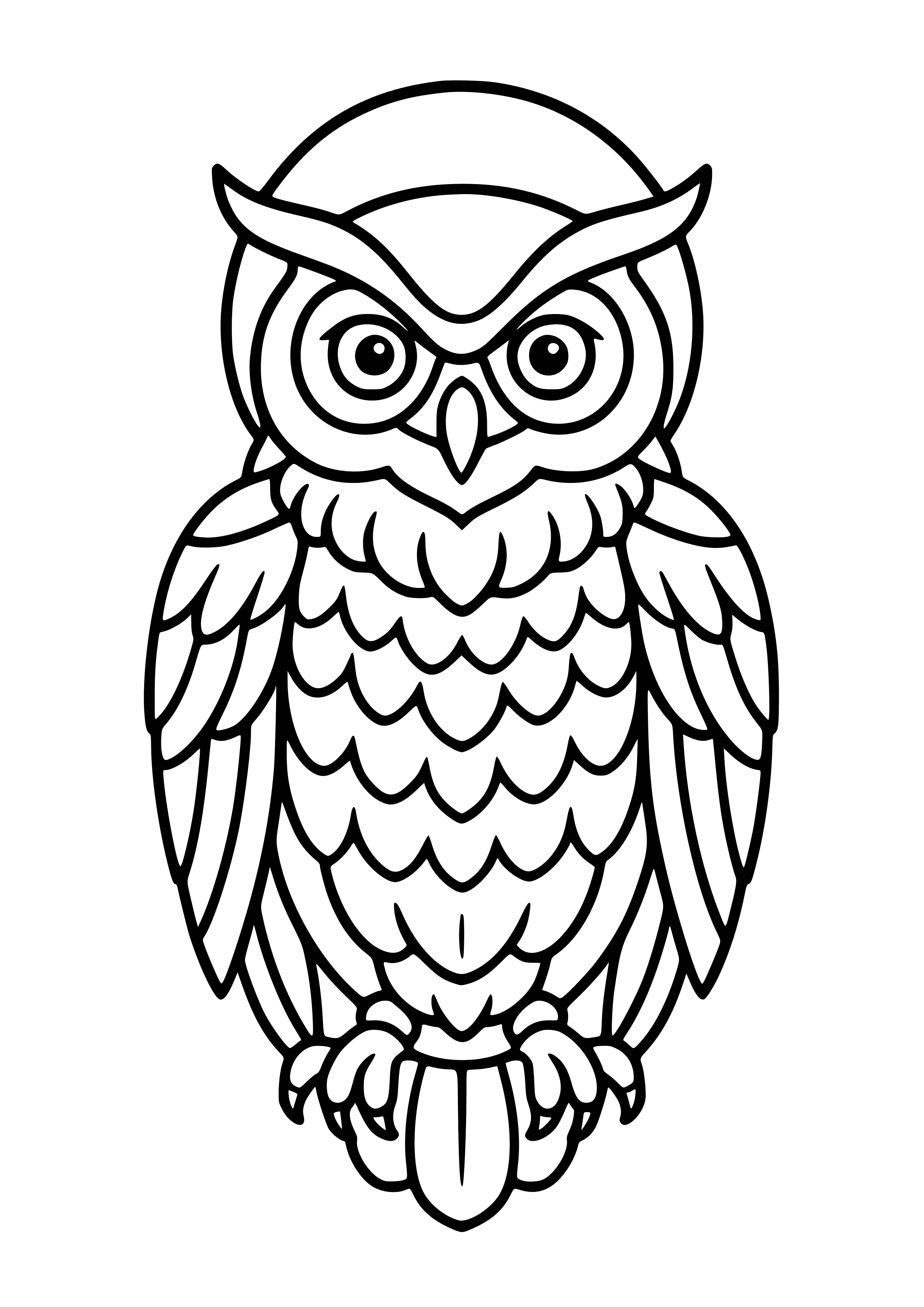 Sacred Owl with Wise Expressions Coloring Page