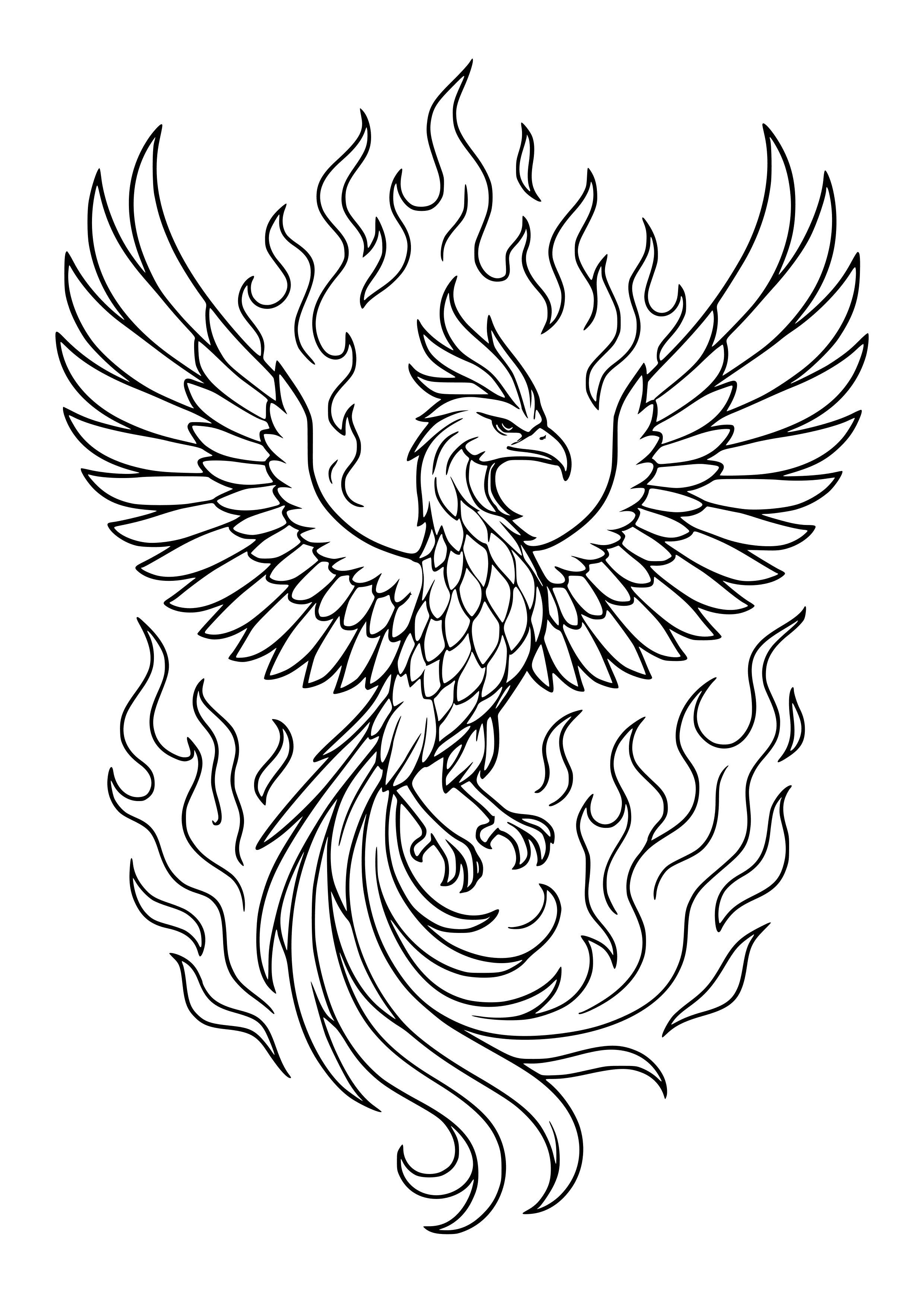 Sacred Phoenix with Fiery Wings Coloring Page