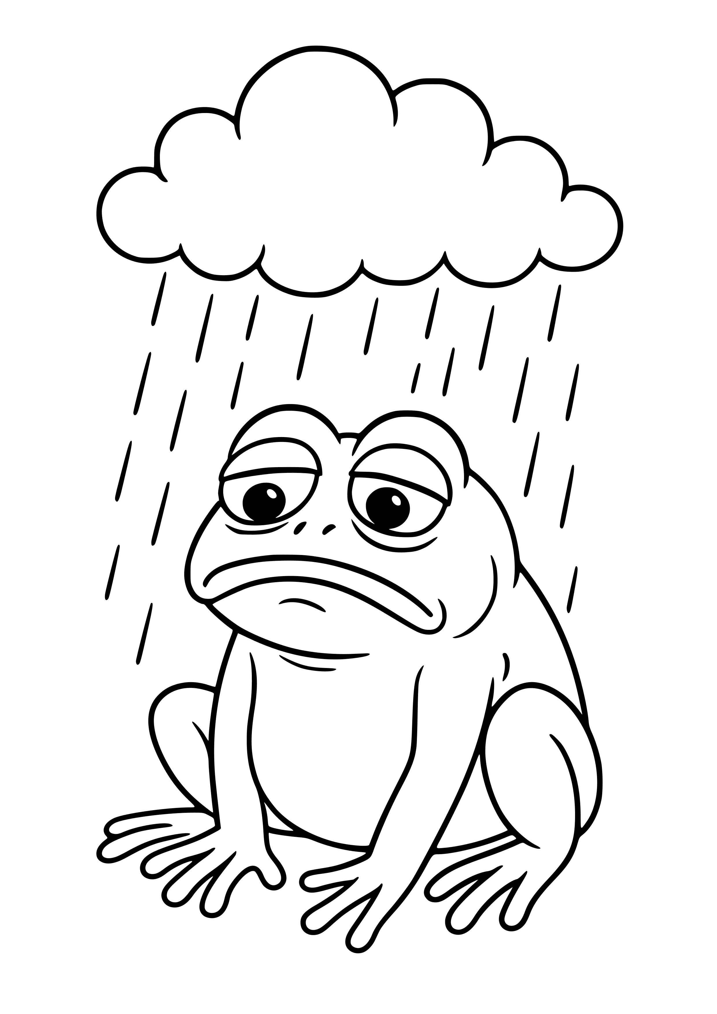 Sad Frog with a Rain Cloud Overhead Coloring Page