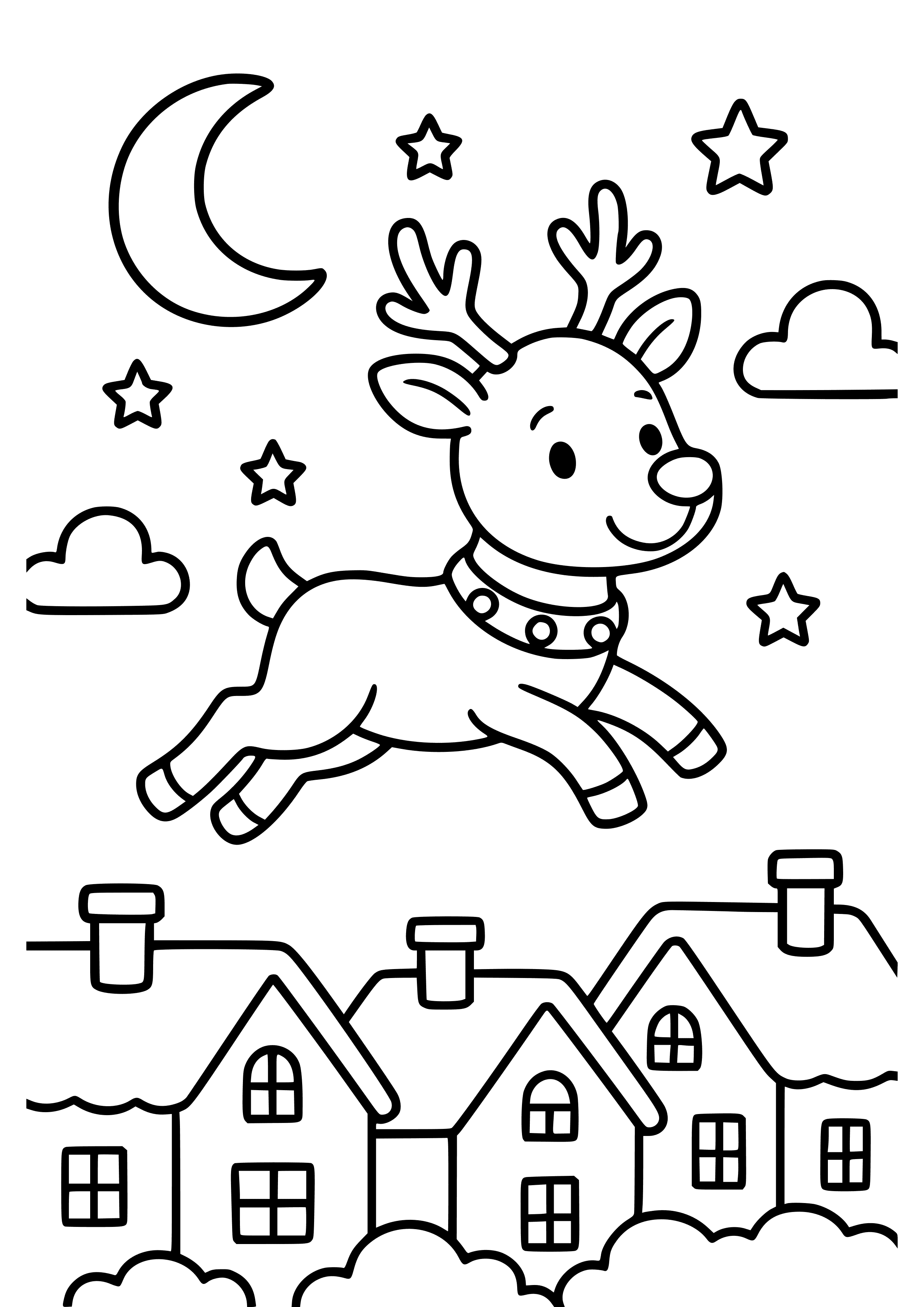 Santa's Reindeer Flying Over Rooftops Coloring Page