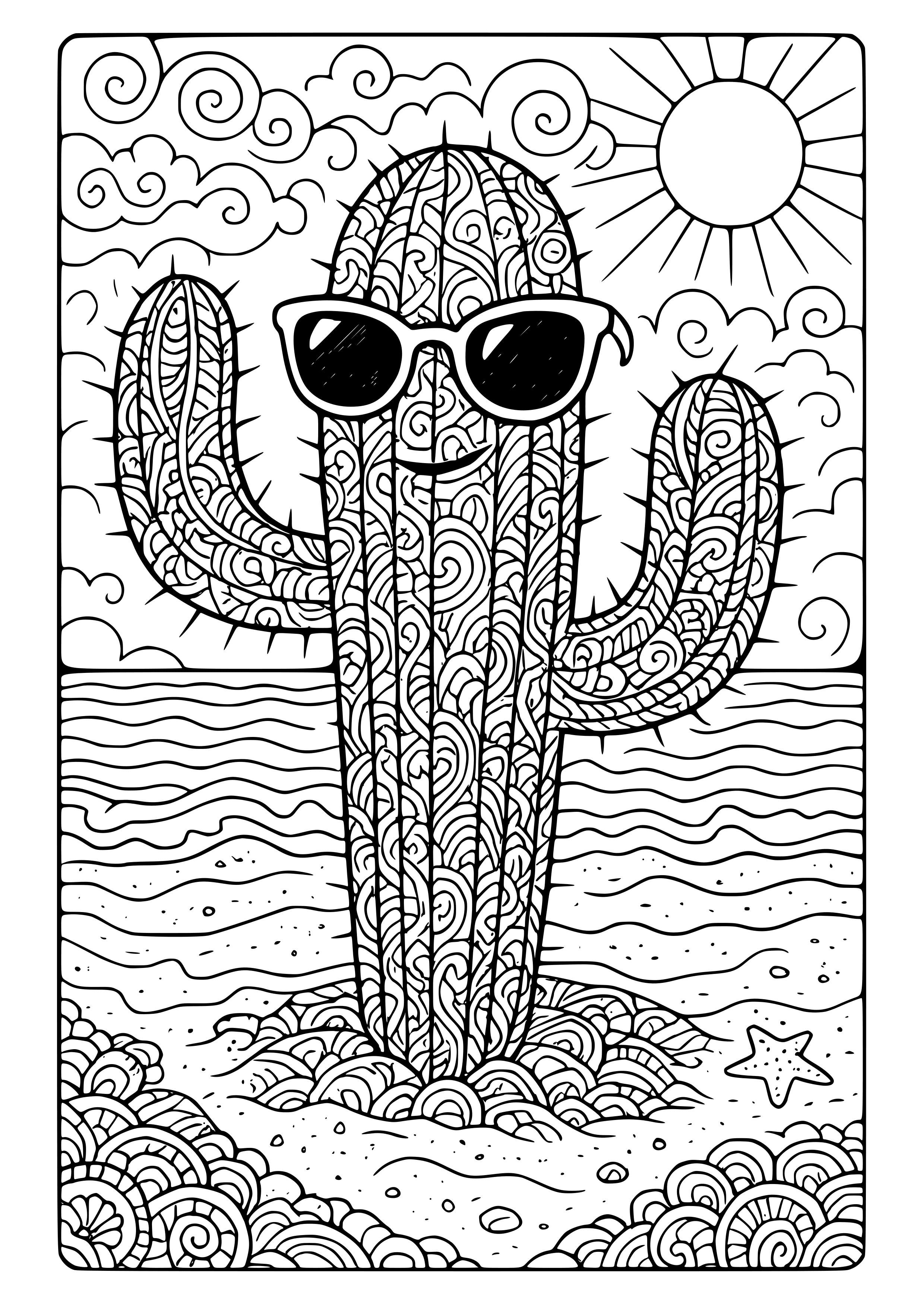 Sassy Cactus Wearing Sunglasses on a Beach Coloring Page