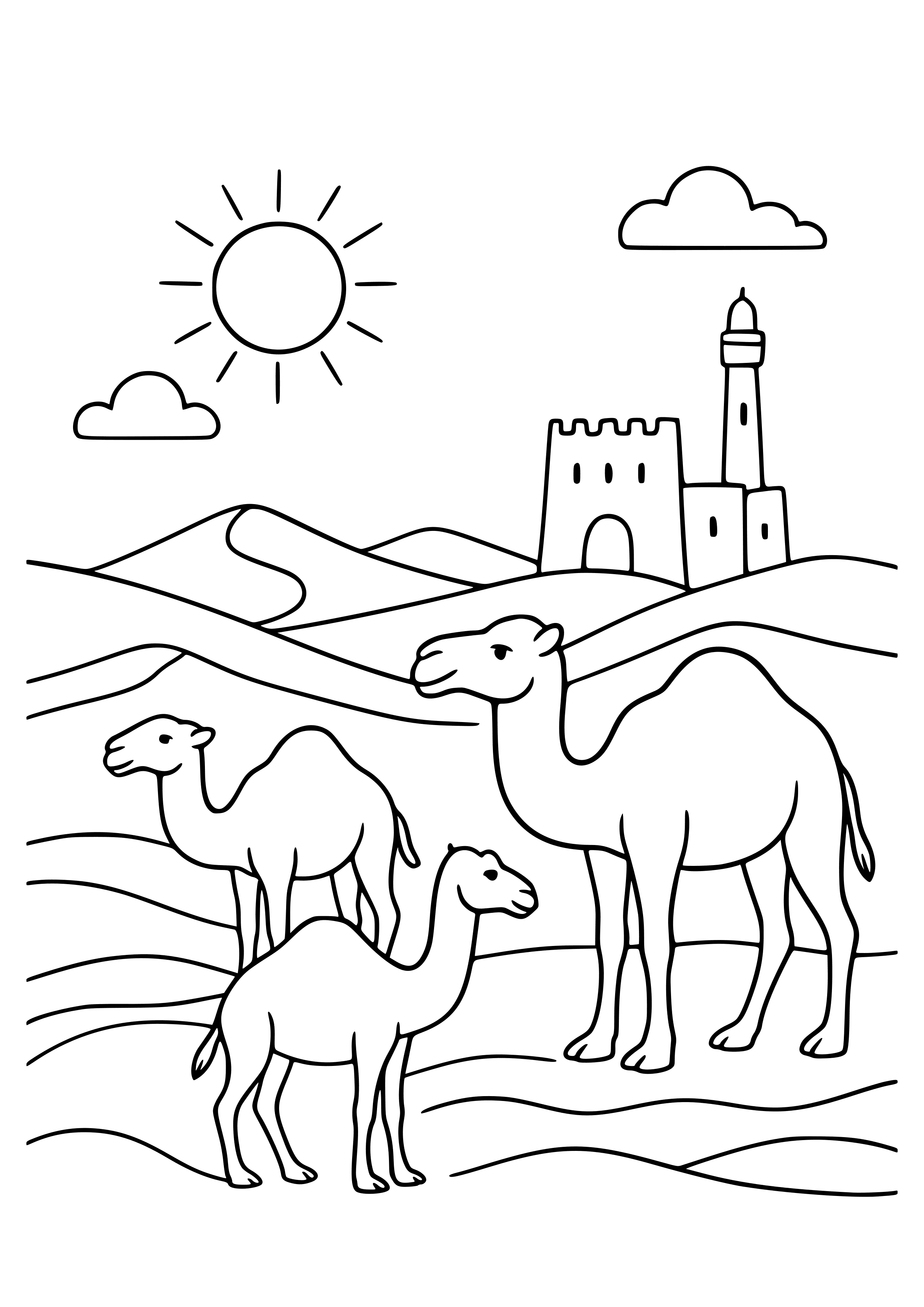 Saudi Arabian Desert Scene with Camels Coloring Page
