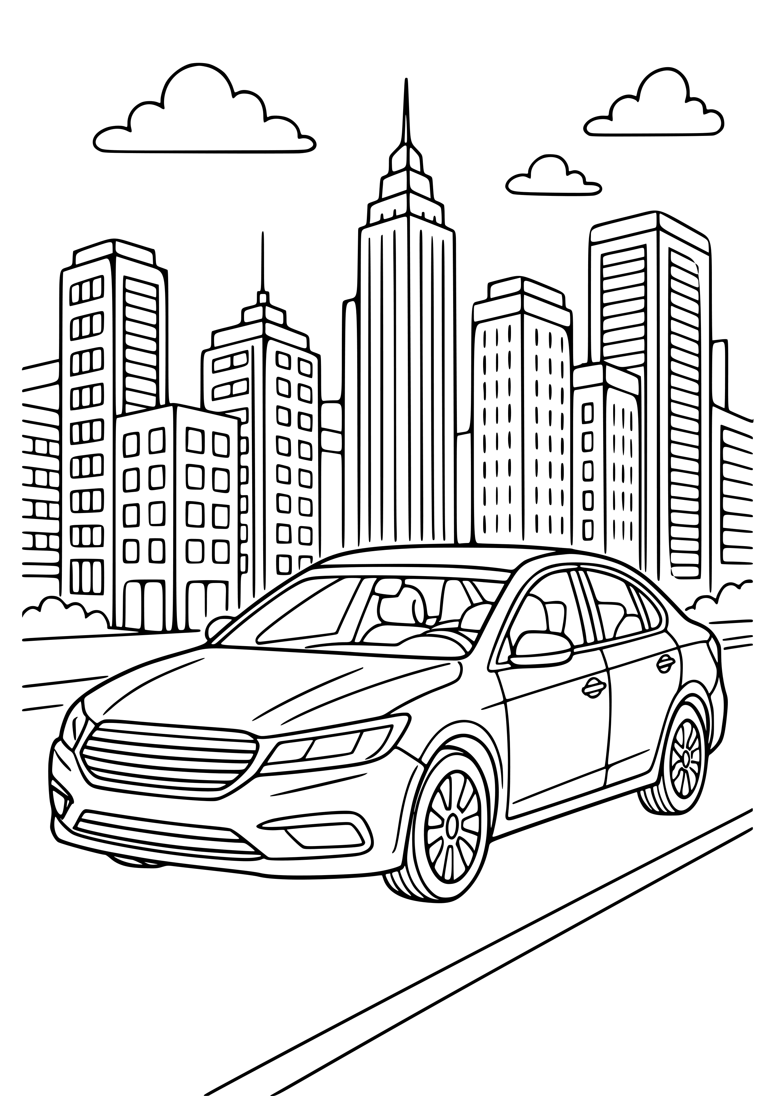Sedan Driving Through the Cityscape Coloring Page