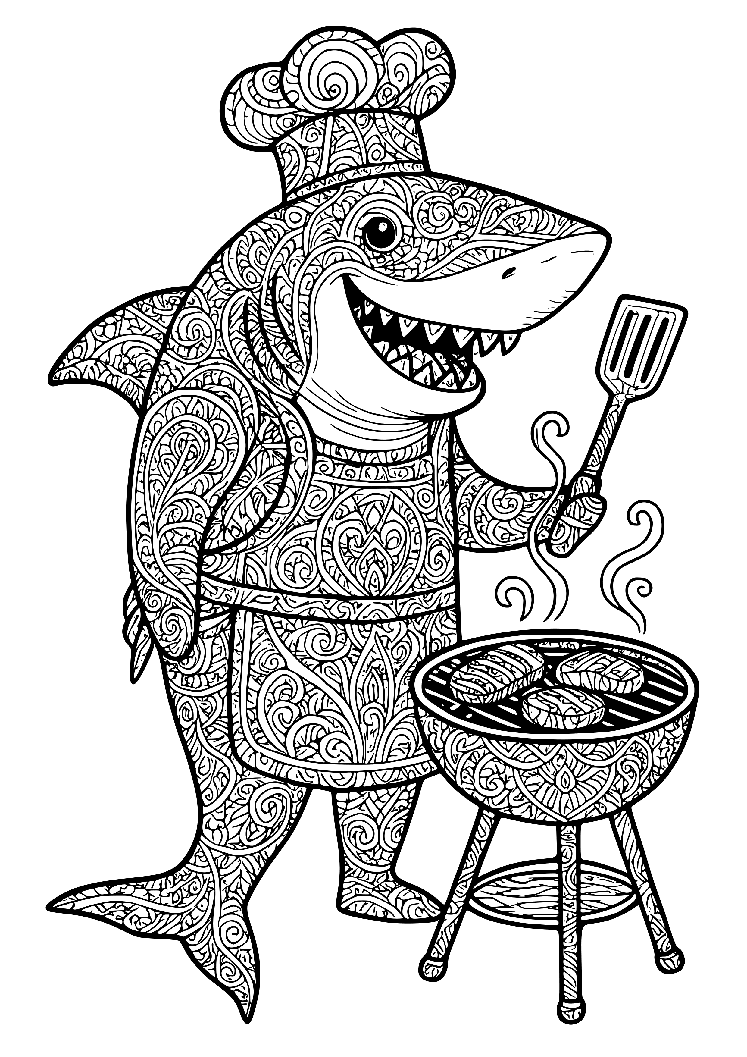 Shark in a Chef's Hat Cooking at a Grill Coloring Page