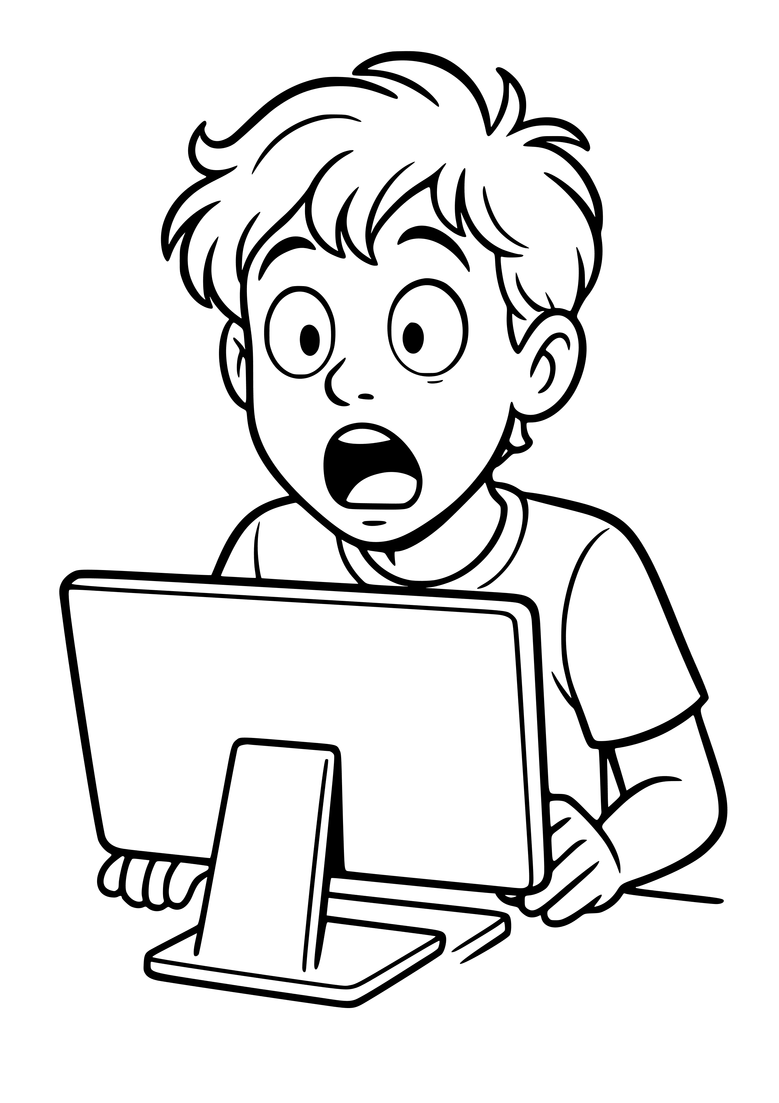 Shocked Face Behind a Computer Screen Coloring Page