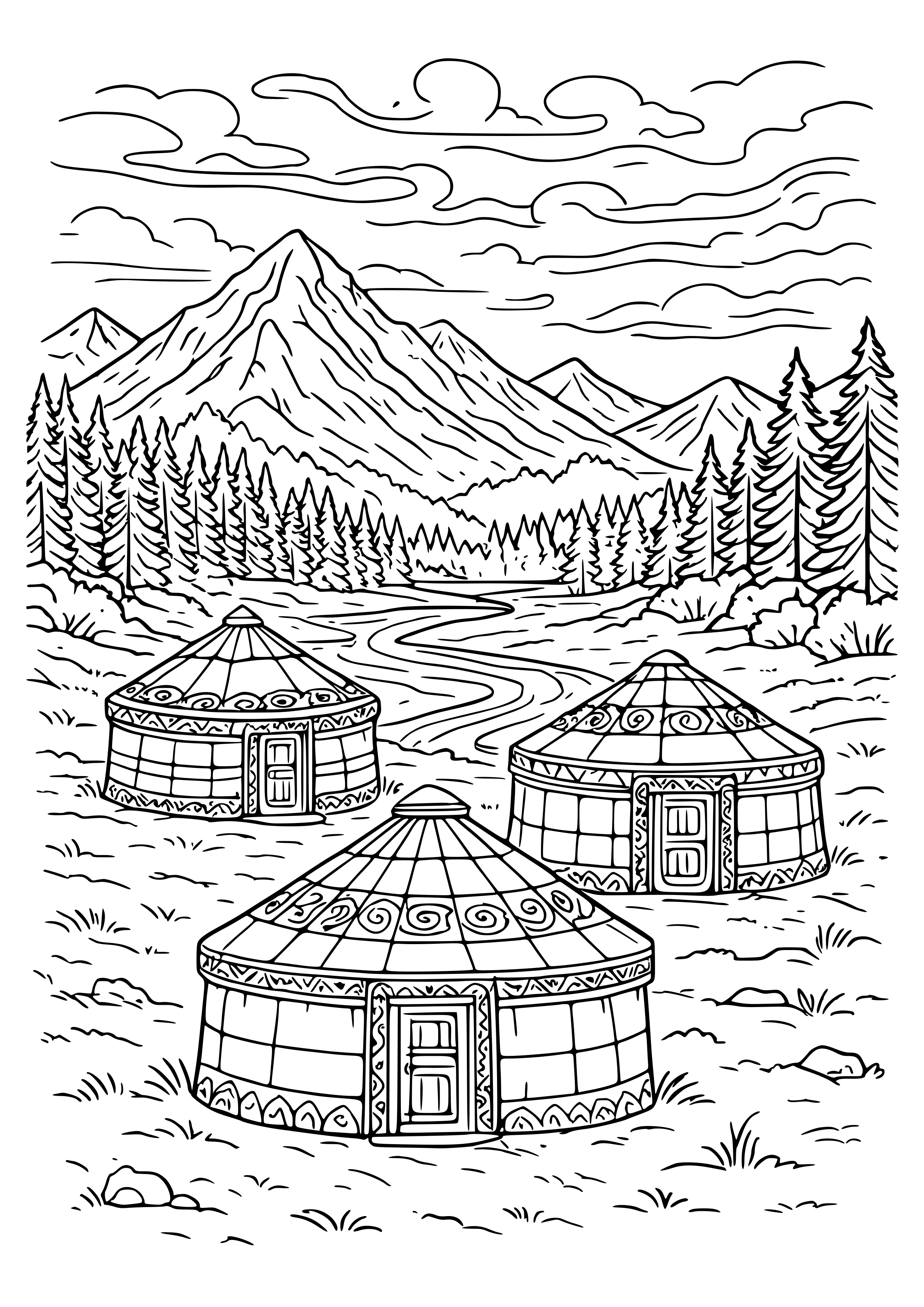 Siberian Landscape with Traditional Yurts Coloring Page