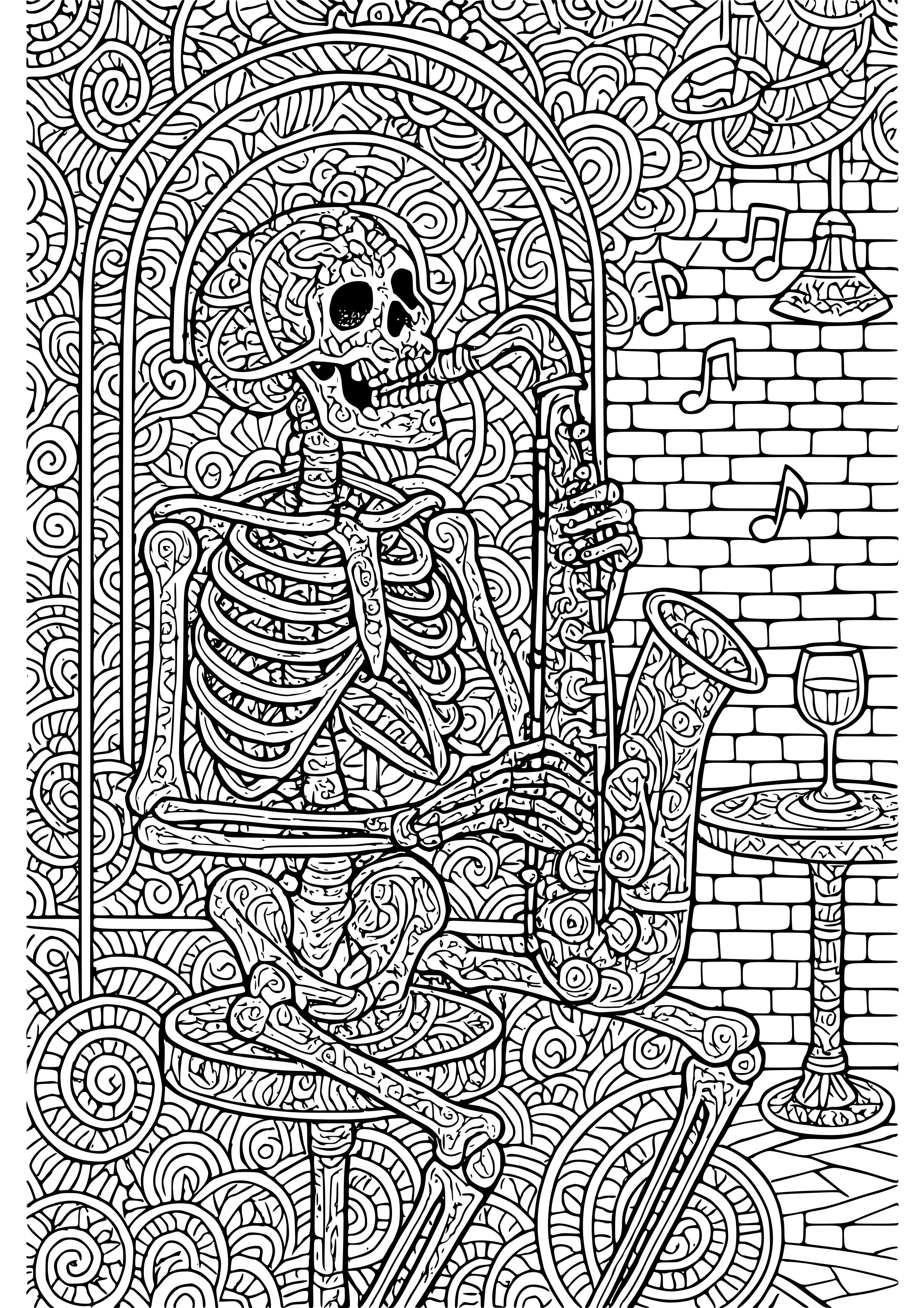 Skeleton Playing a Saxophone at a Jazz Club Coloring Page