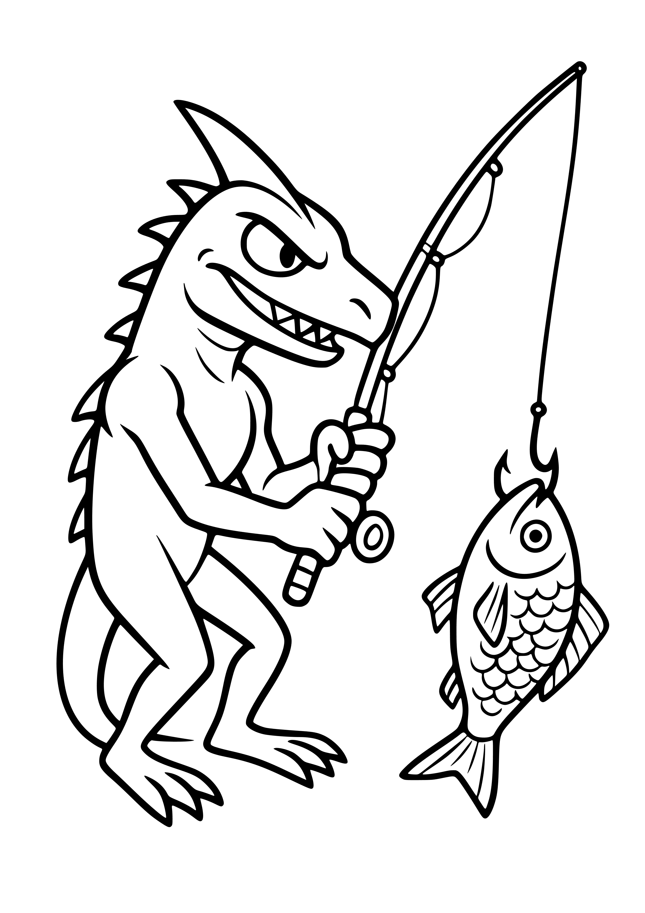 Sleek Blue Monster Catching a Fish Coloring Page