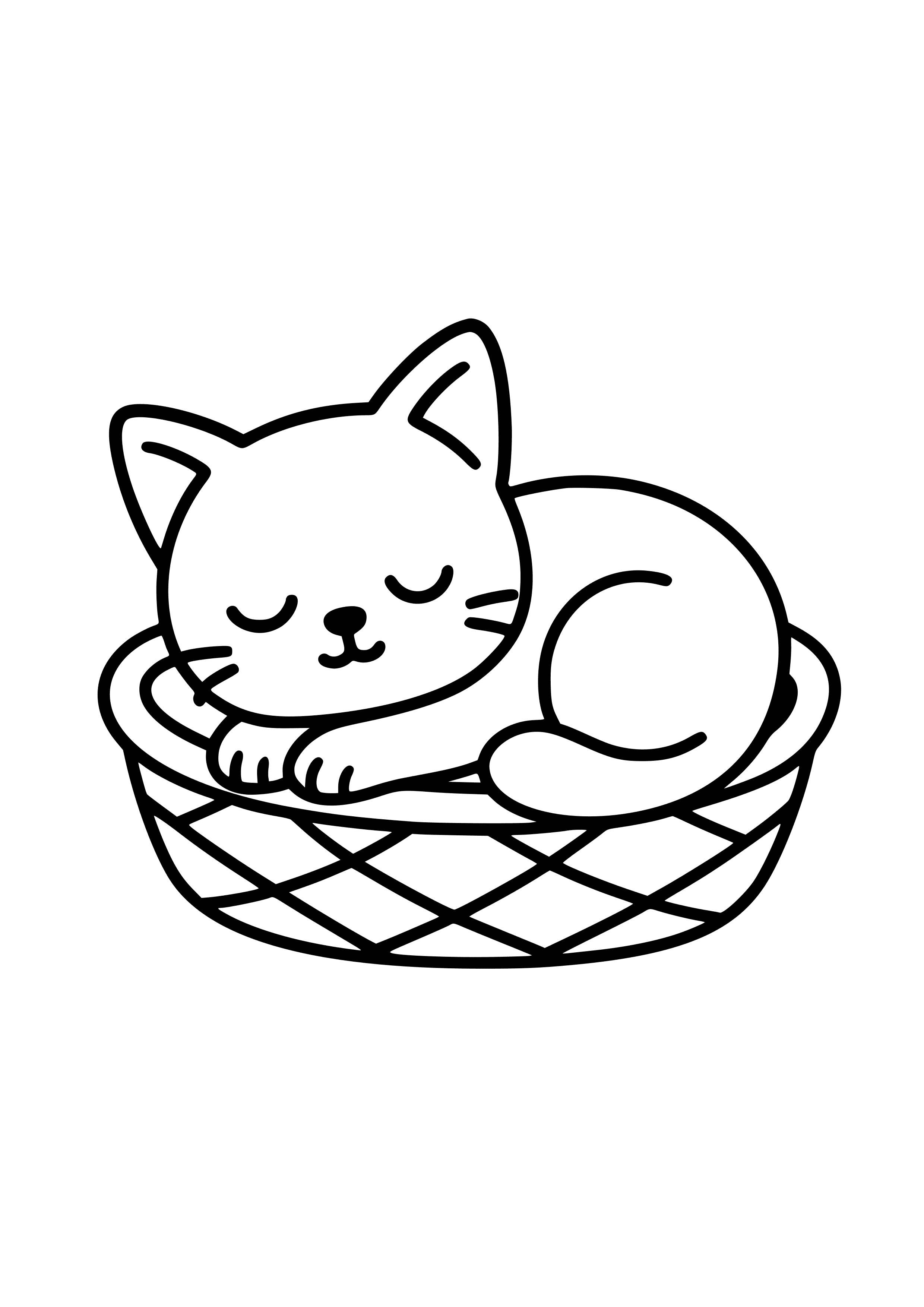 Sleepy Kitten Curled Up in a Basket Coloring Page