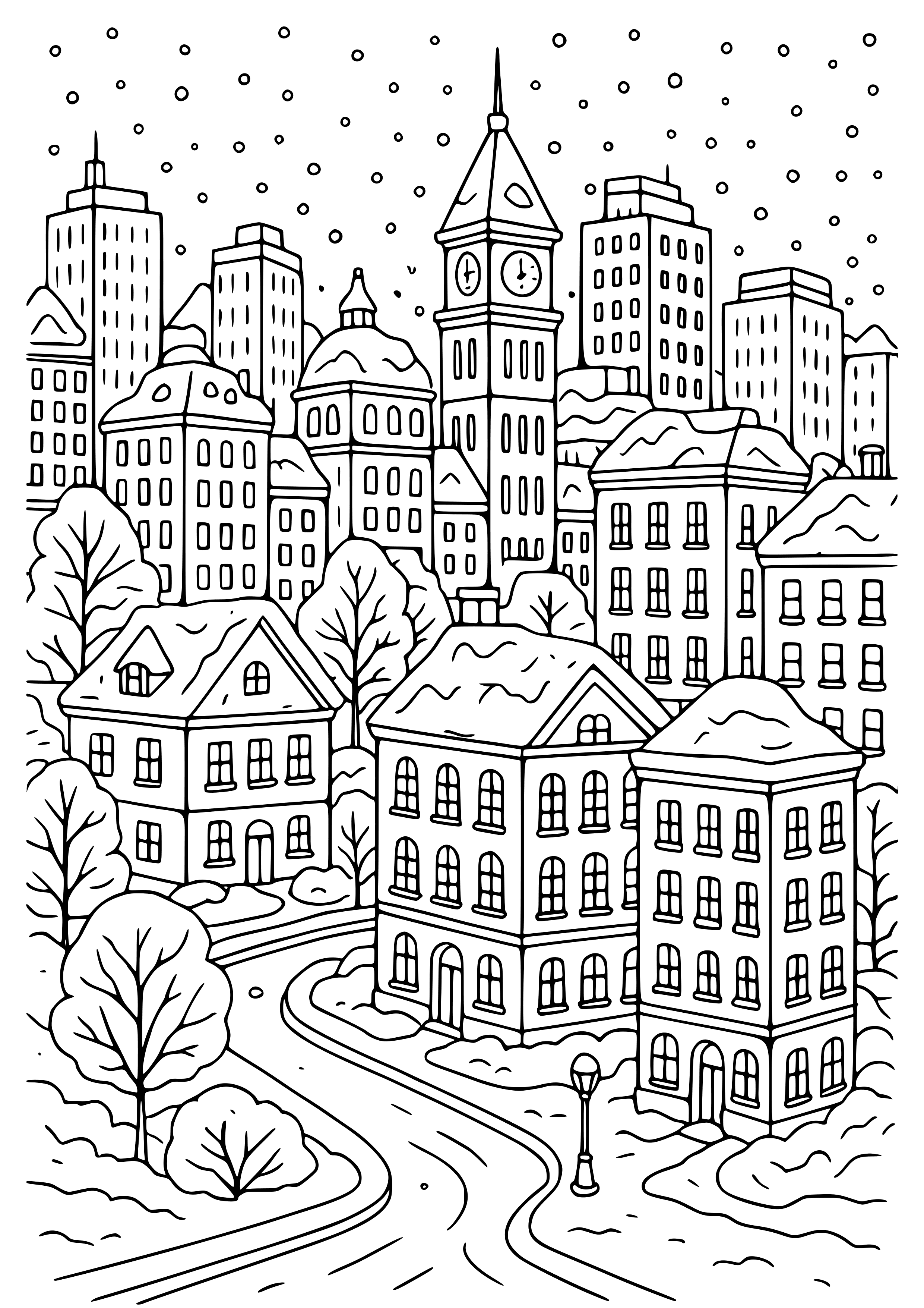 Snowy City in Winter Coloring Page