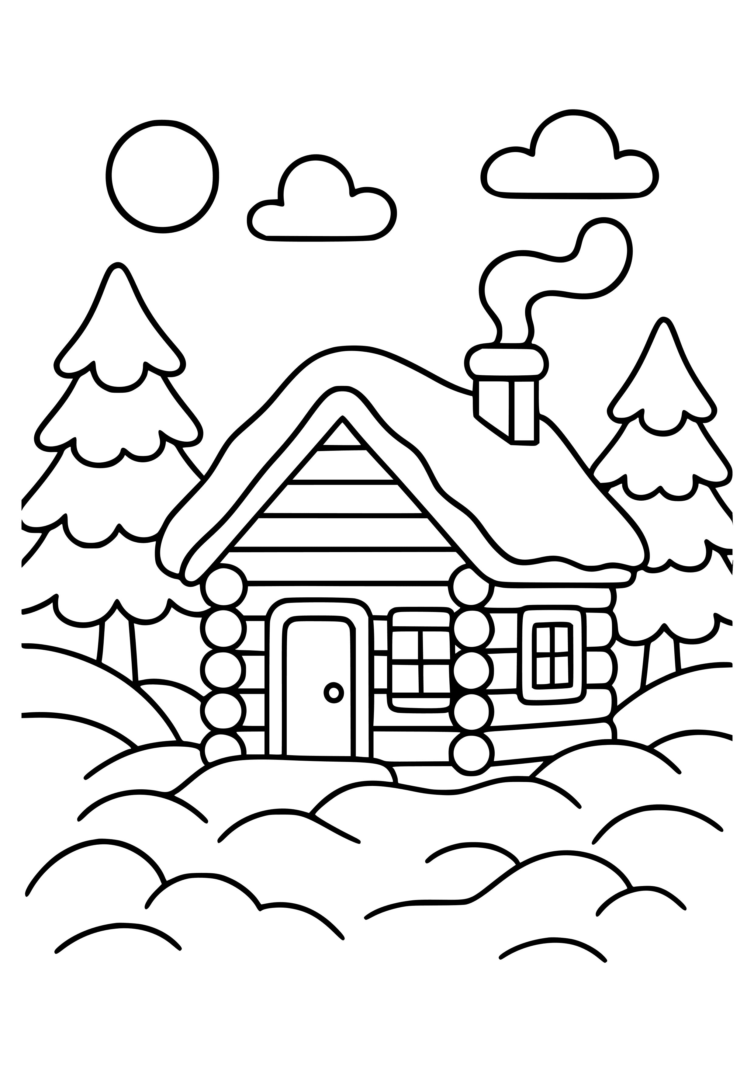 Snowy Landscape with a Cabin Coloring Page