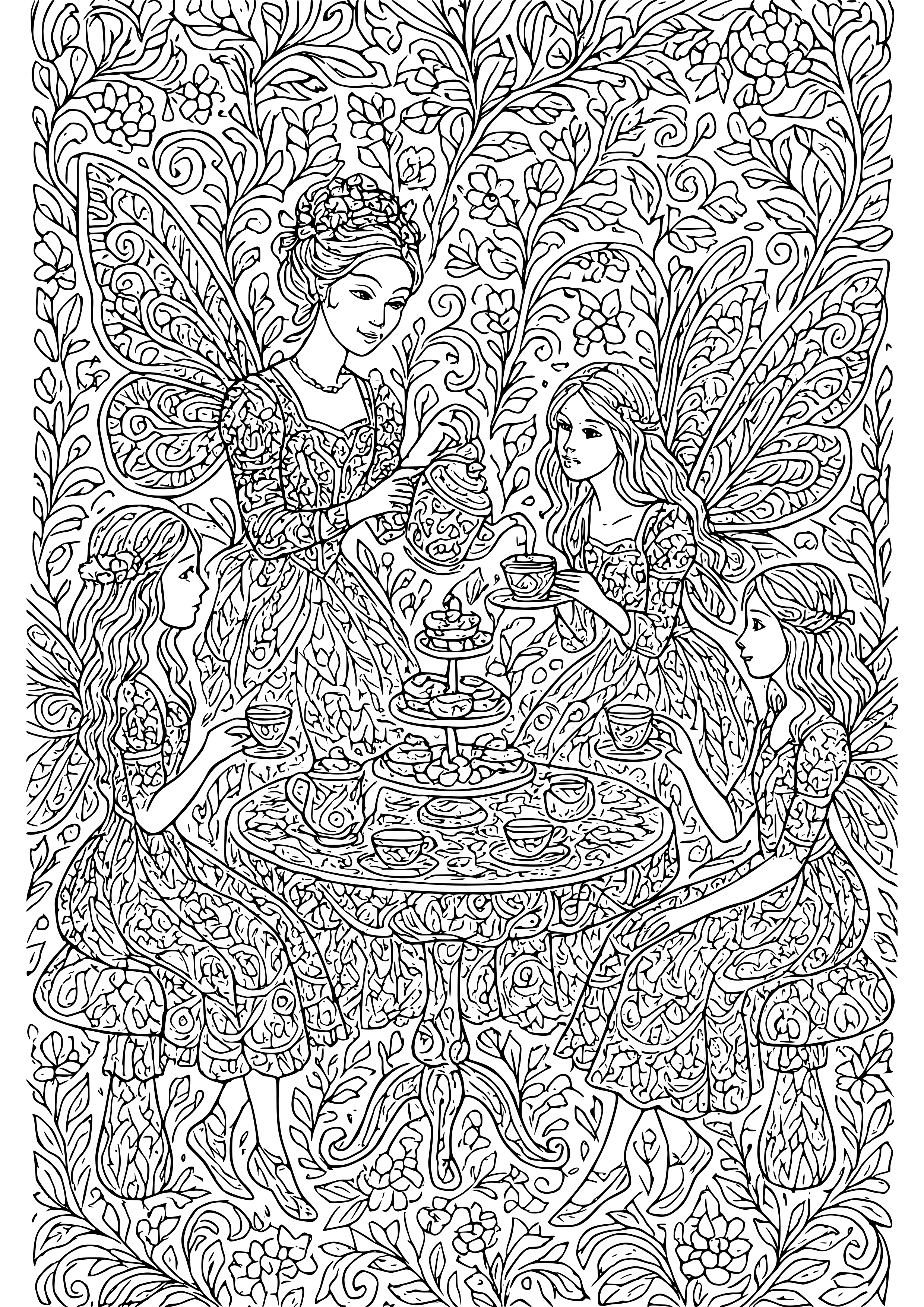 Sophisticated Fairy Hosting a Tea Party with Friends Coloring Page