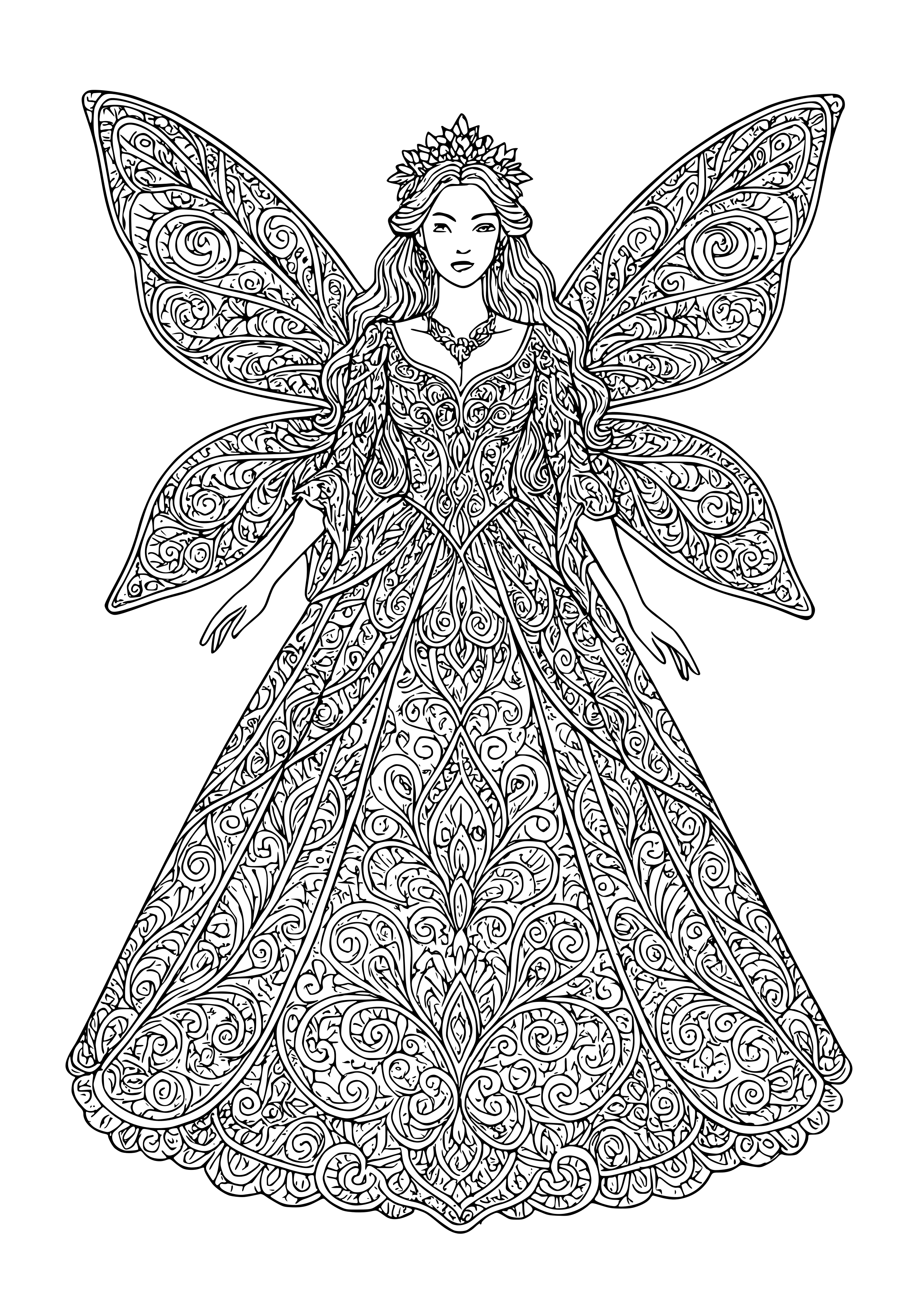 Sophisticated Fairy in a Lavish Gown with Wings Coloring Page
