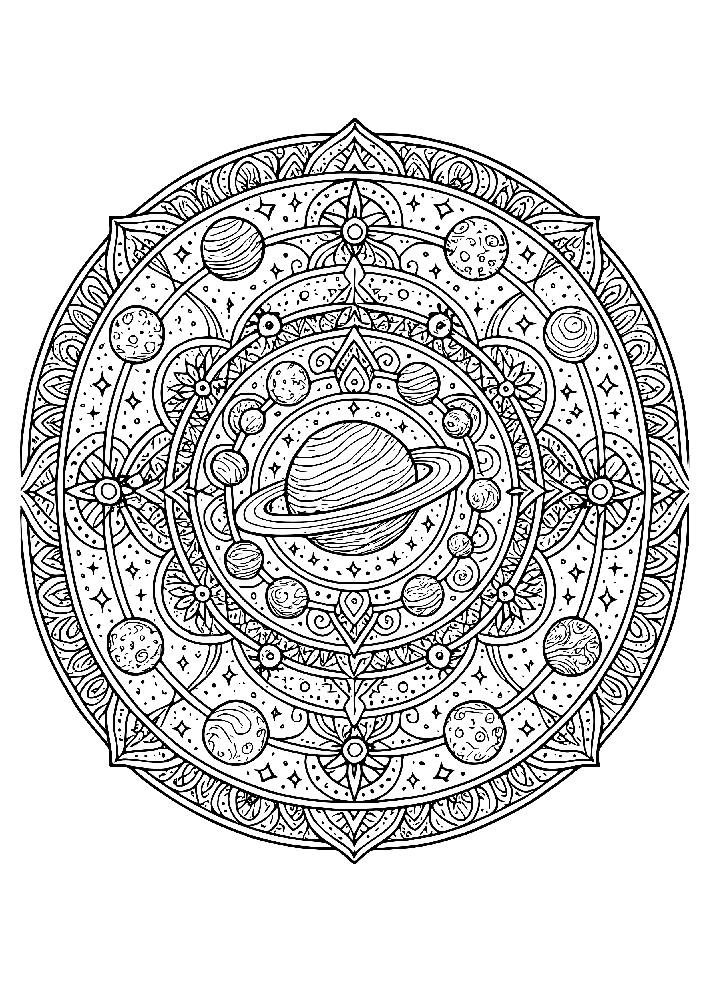 Space-themed Mandala with Celestial Bodies Coloring Page