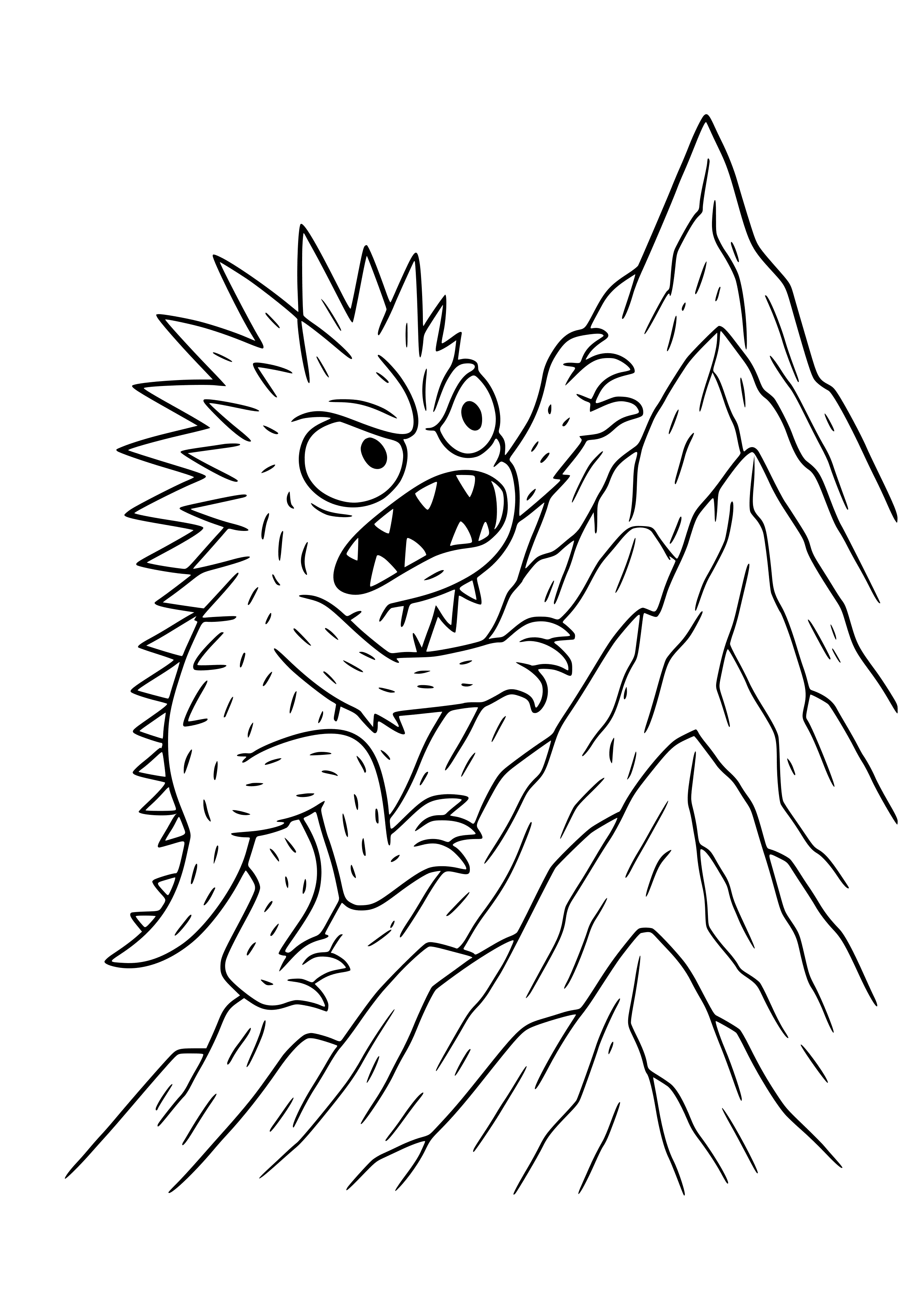 Spiky Red Monster Climbing a Mountain Coloring Page
