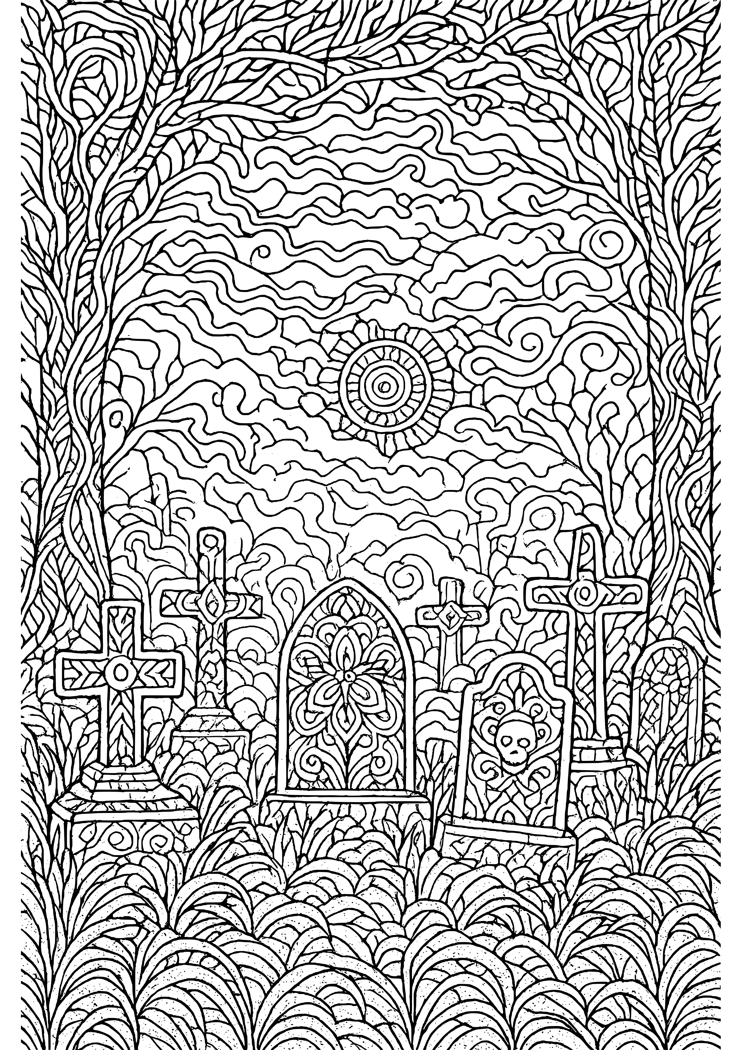 Spooky Foggy Night in a Graveyard Coloring Page