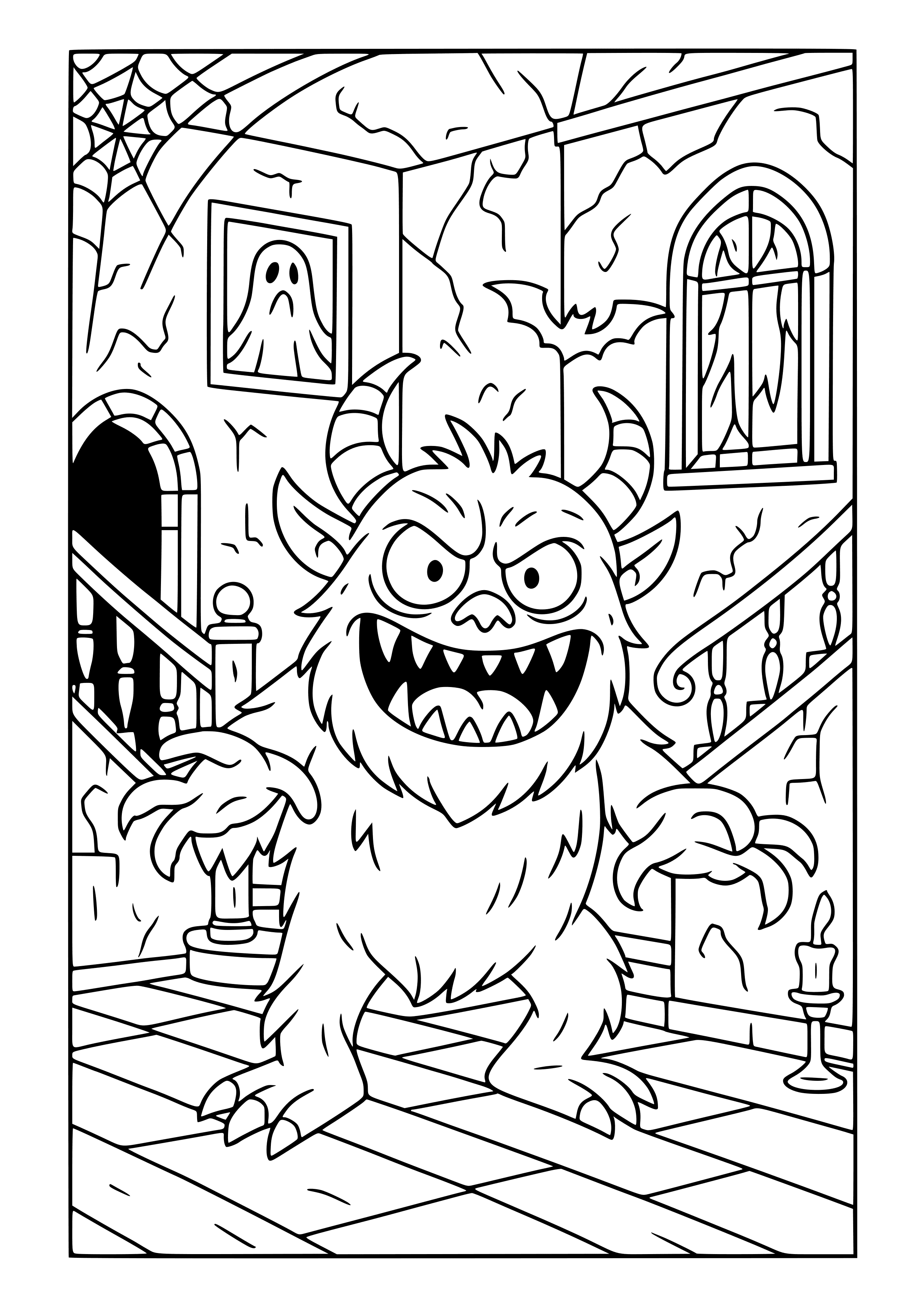Spooky Purple Monster in a Haunted House Coloring Page