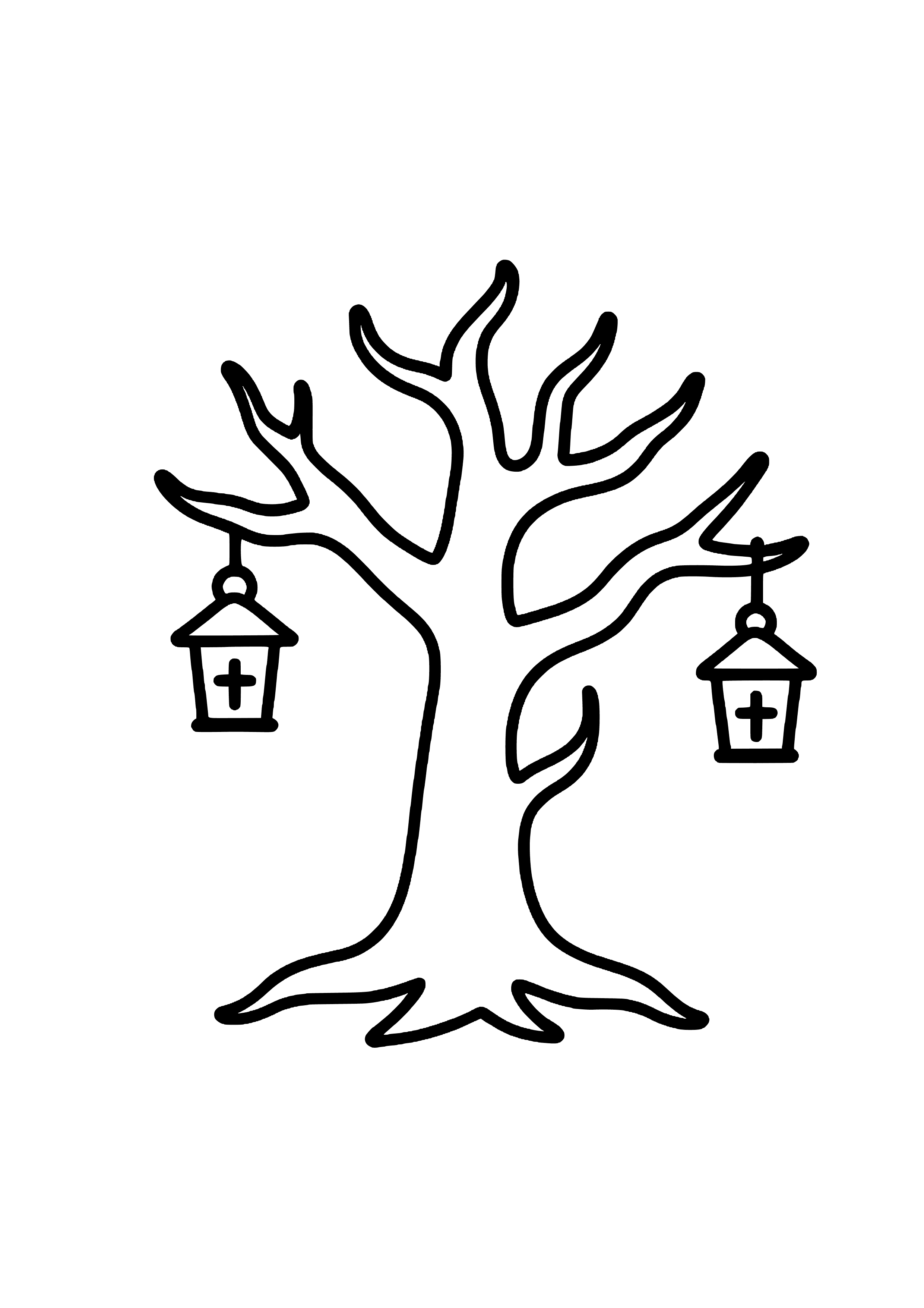 Spooky Tree with Hanging Lanterns Coloring Page