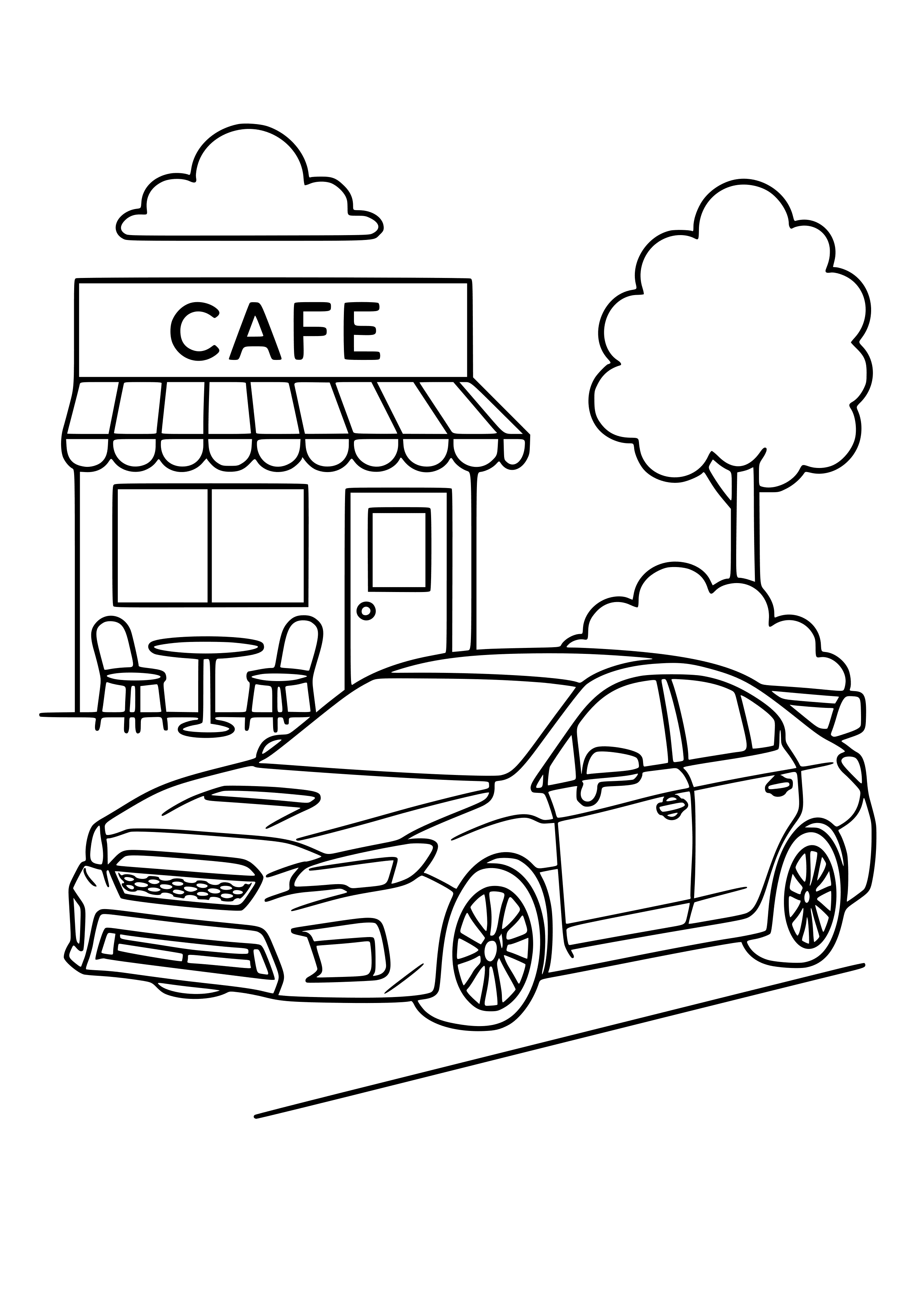 Sports Sedan Parked at a Café Coloring Page