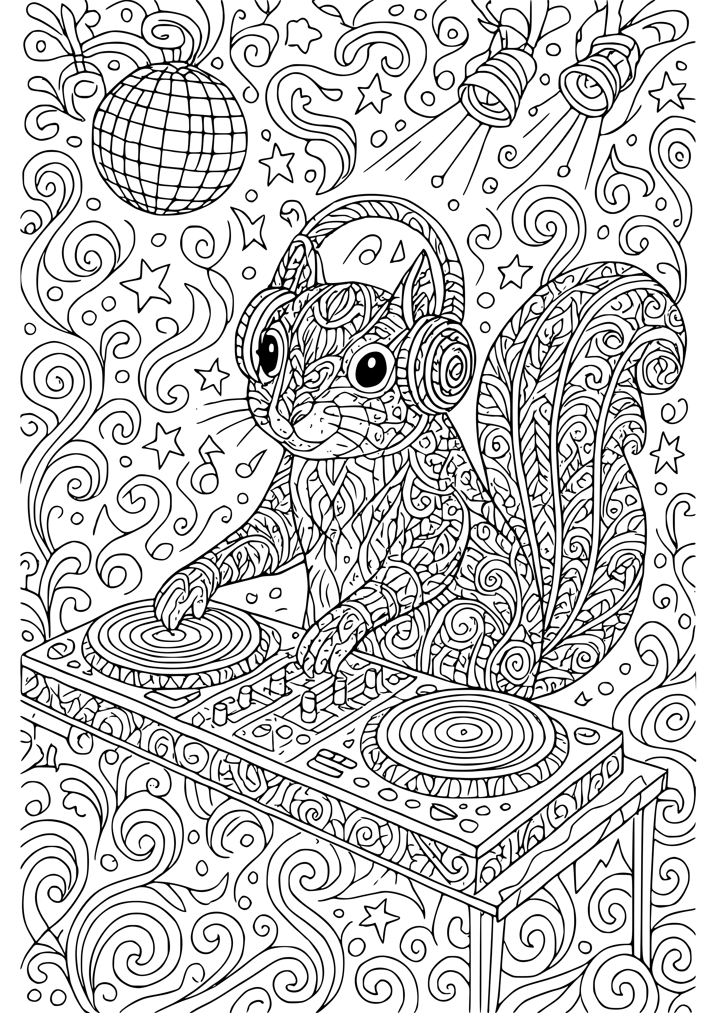 Squirrel Djing at a Party with Lights Coloring Page