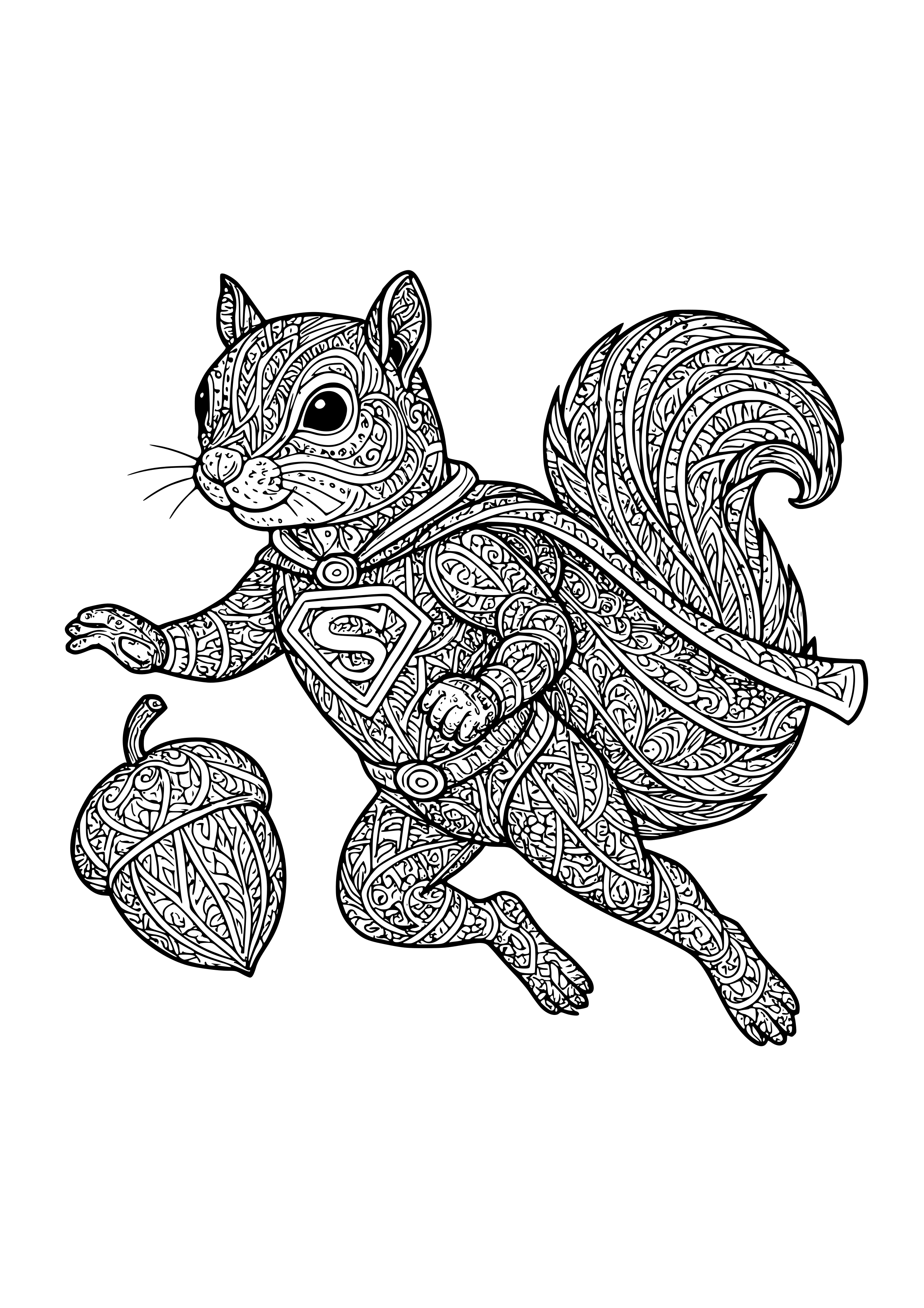 Squirrel in a Superhero Costume Saving a Nut Coloring Page