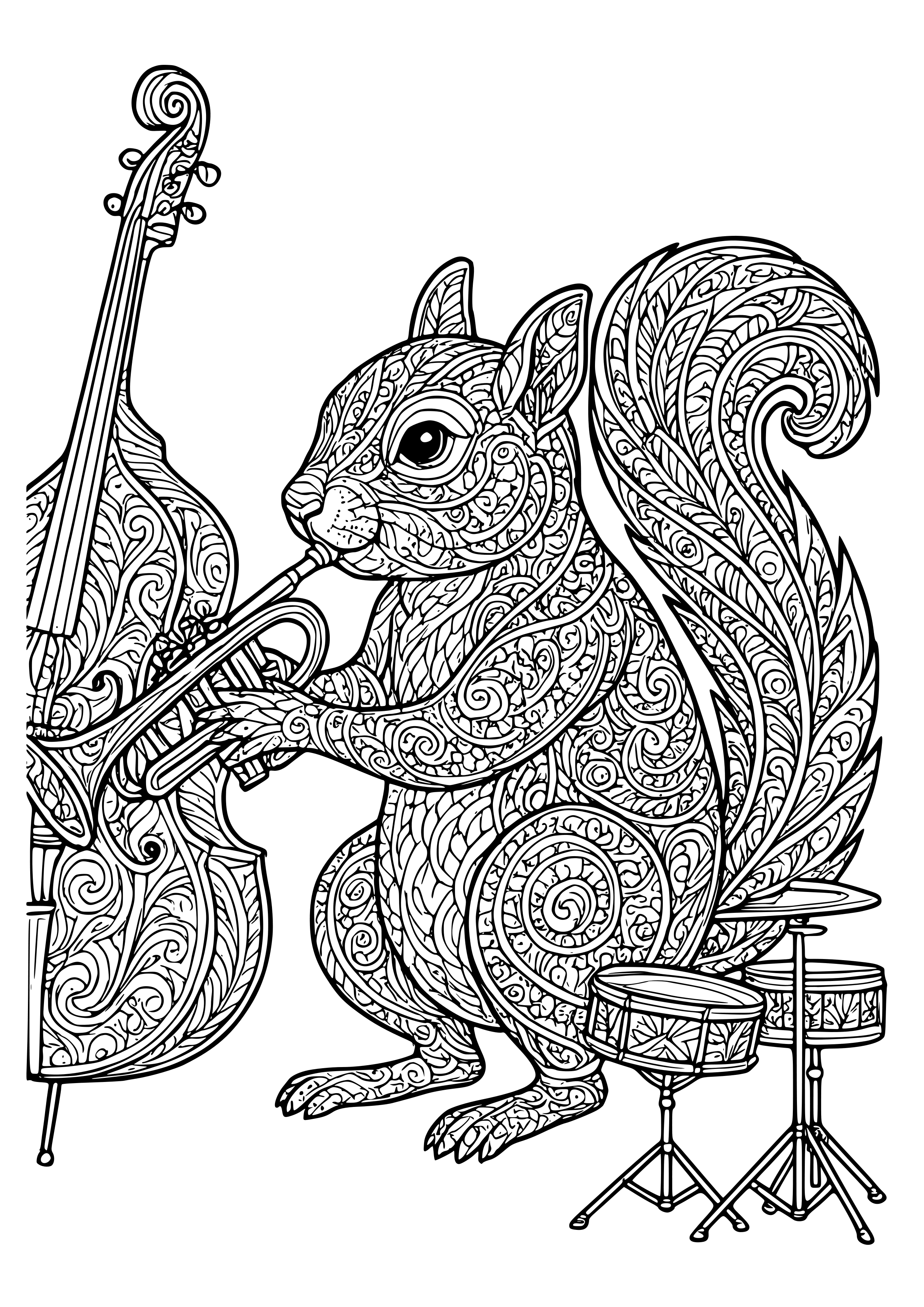 Squirrel Playing the Trumpet in a Jazz Band Coloring Page