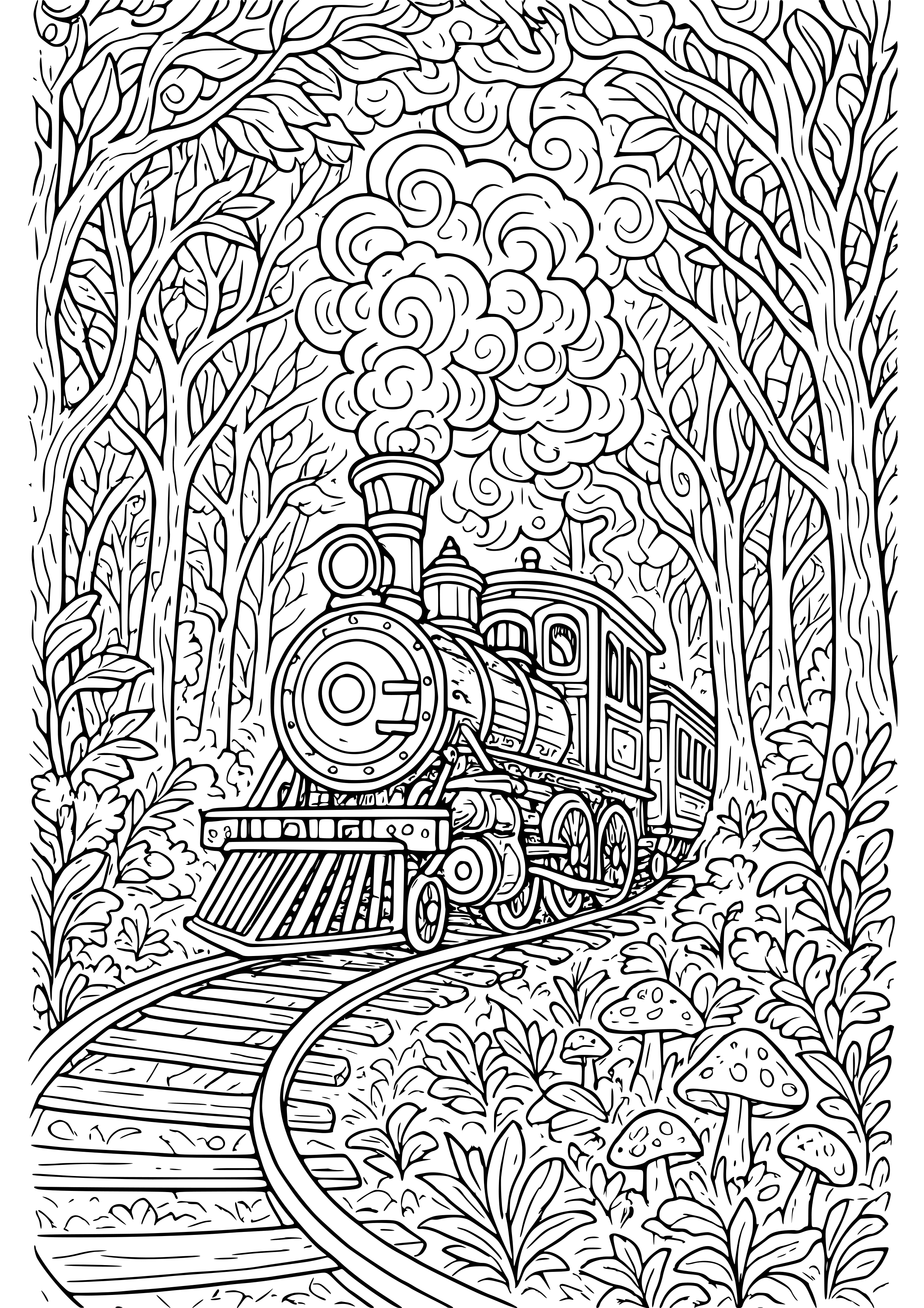 Steam Train in a Magical Forest Coloring Page