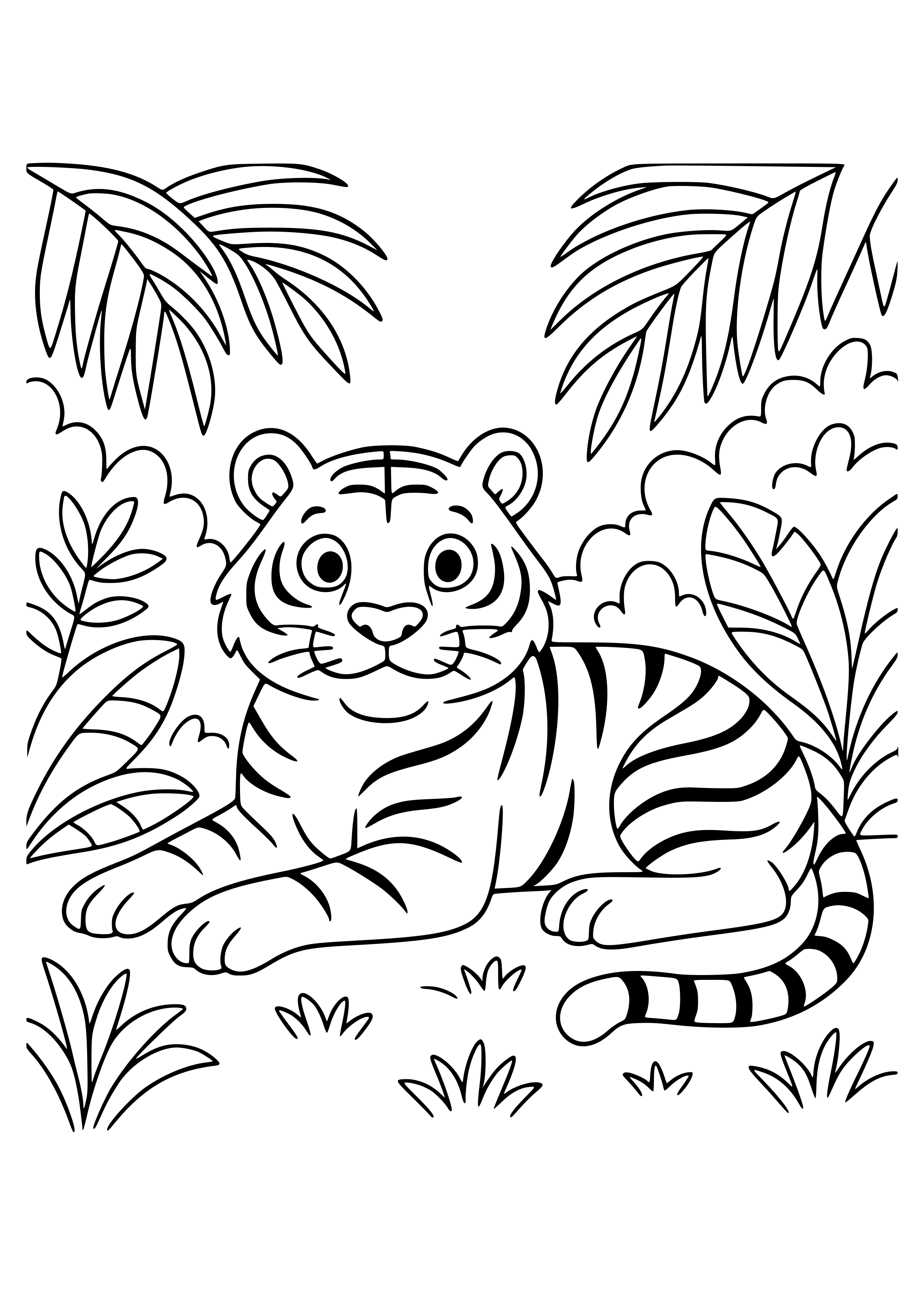 Striking Tiger Lounging in a Jungle Coloring Page