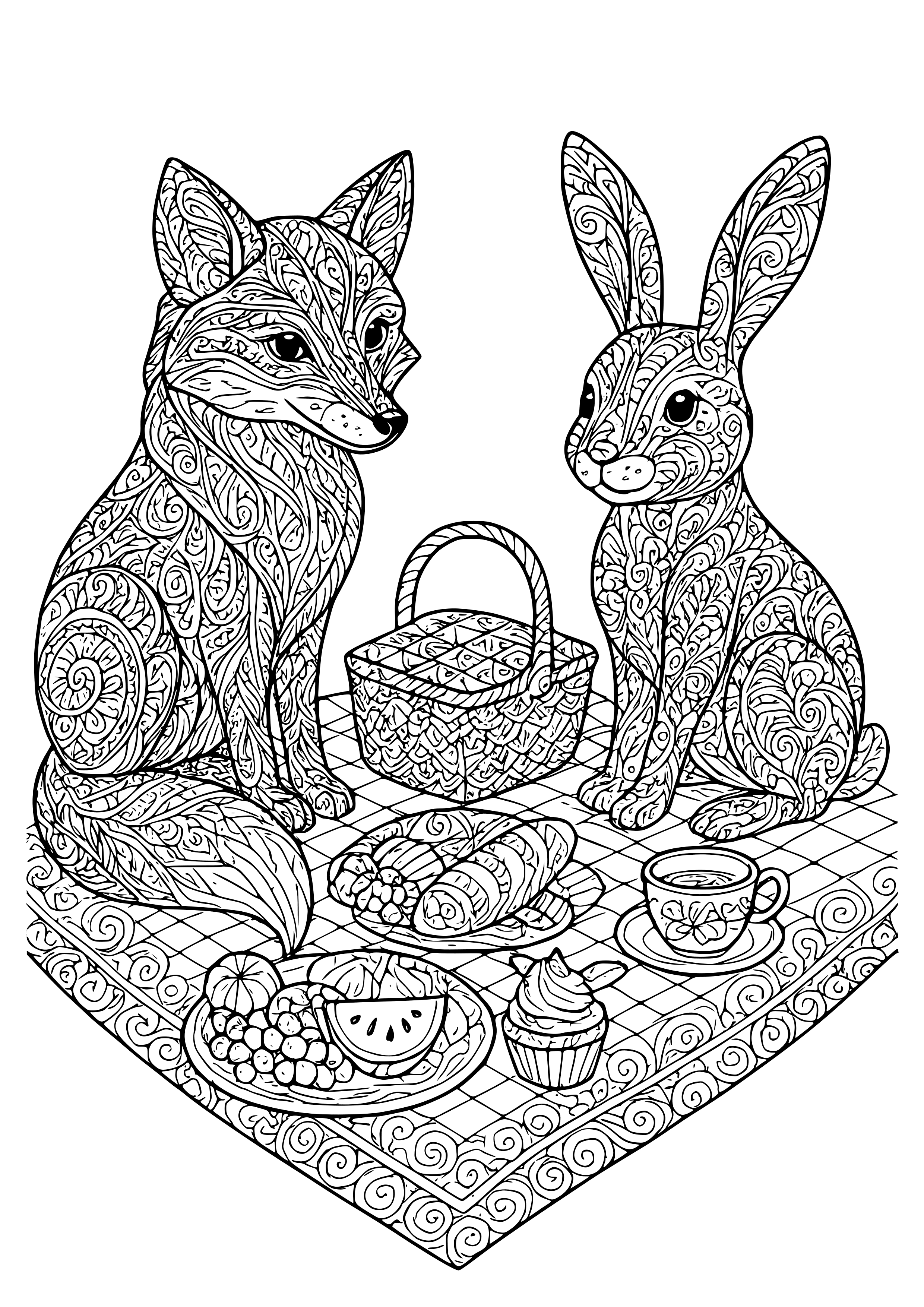 Stylized Fox and Rabbit Sharing a Picnic Coloring Page