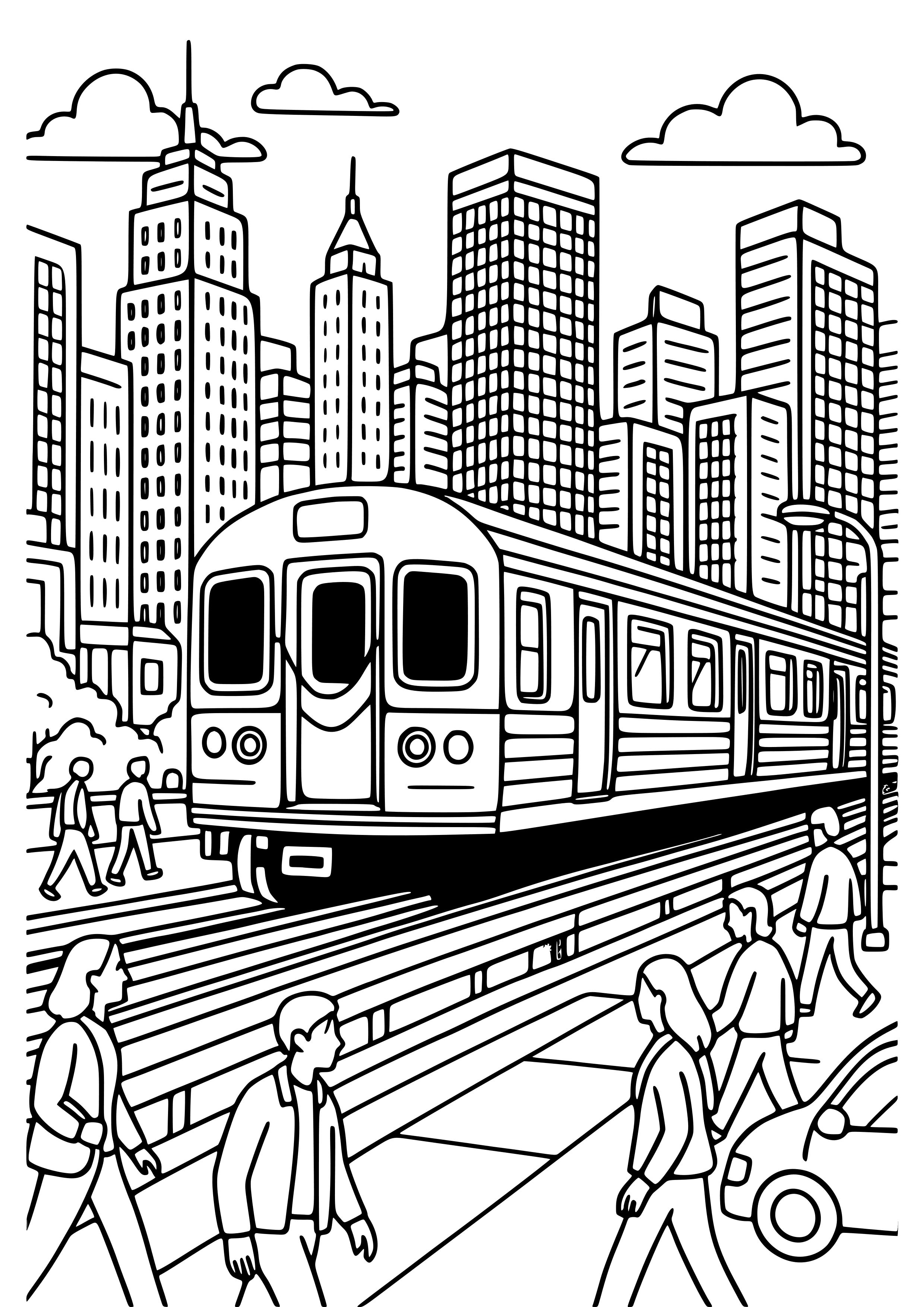 Subway Train in a Bustling City Coloring Page