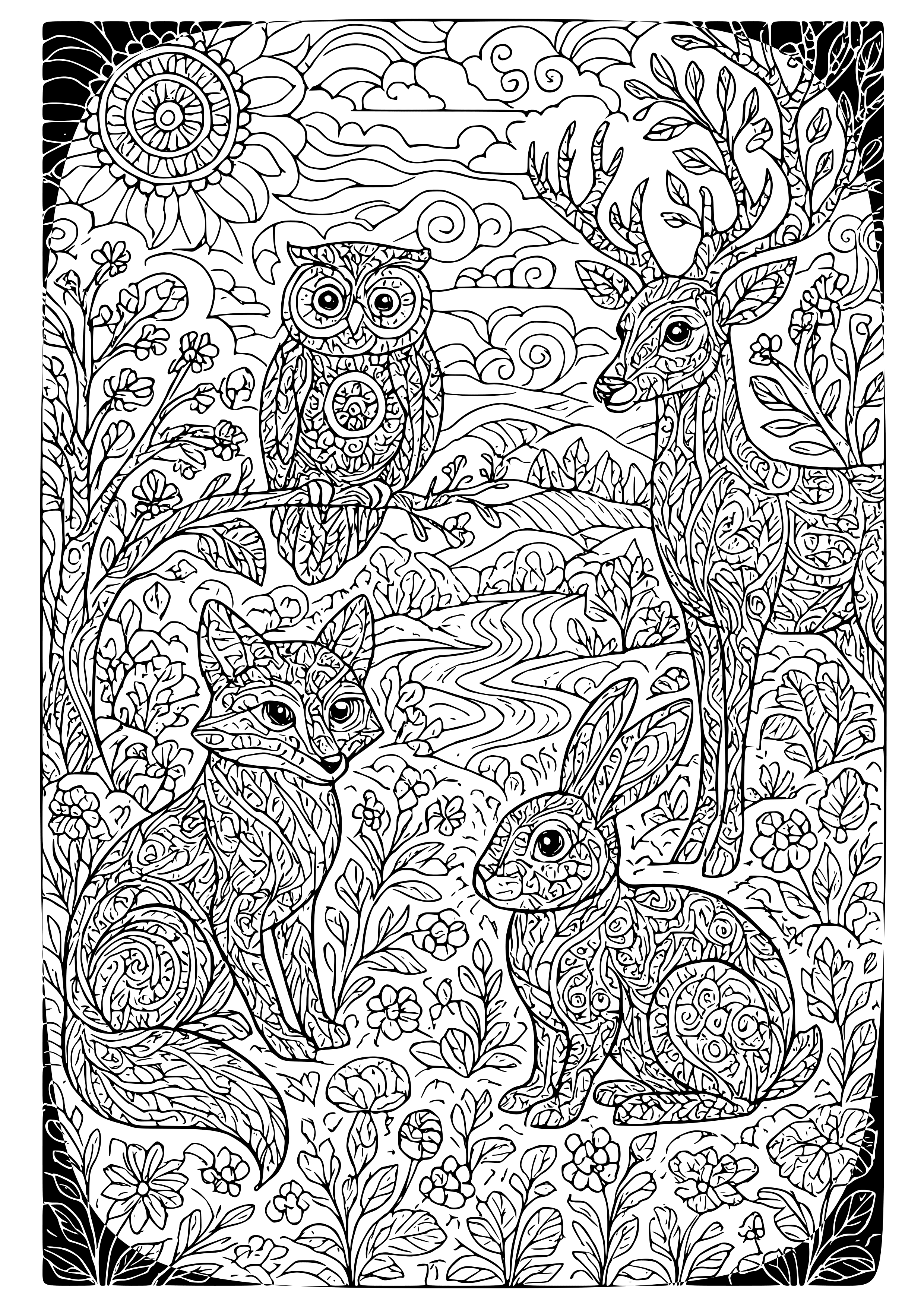 Surreal Animals in an Enchanted Landscape Coloring Page