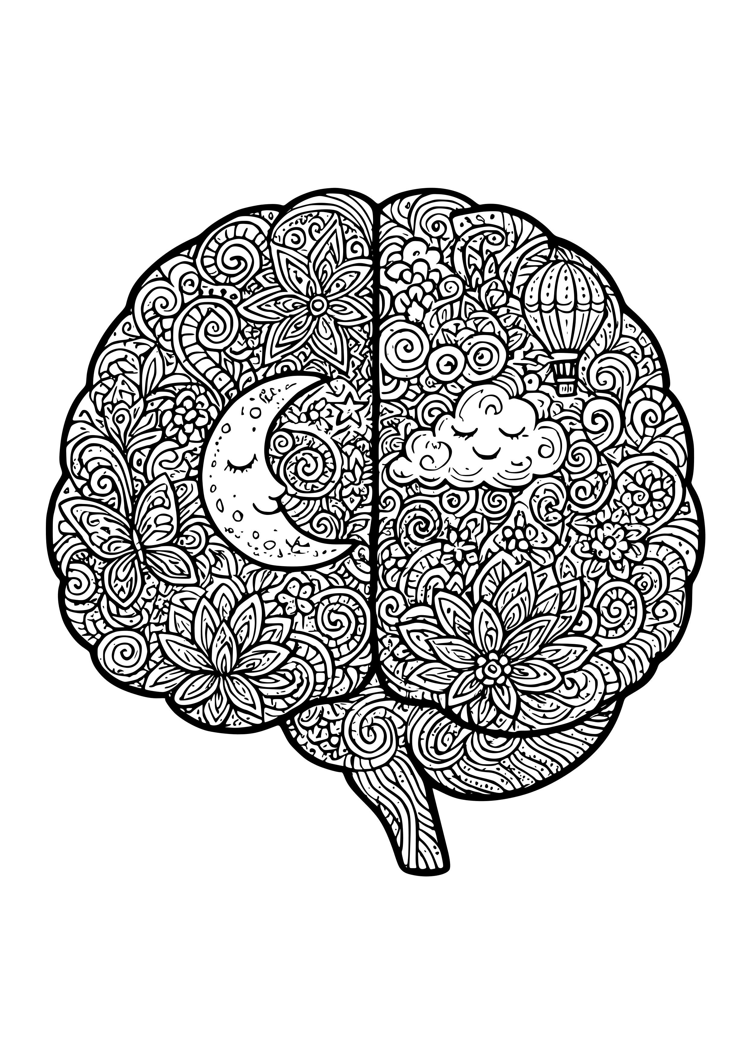 Surreal Imagery of a Brain Filled with Dreams Coloring Page