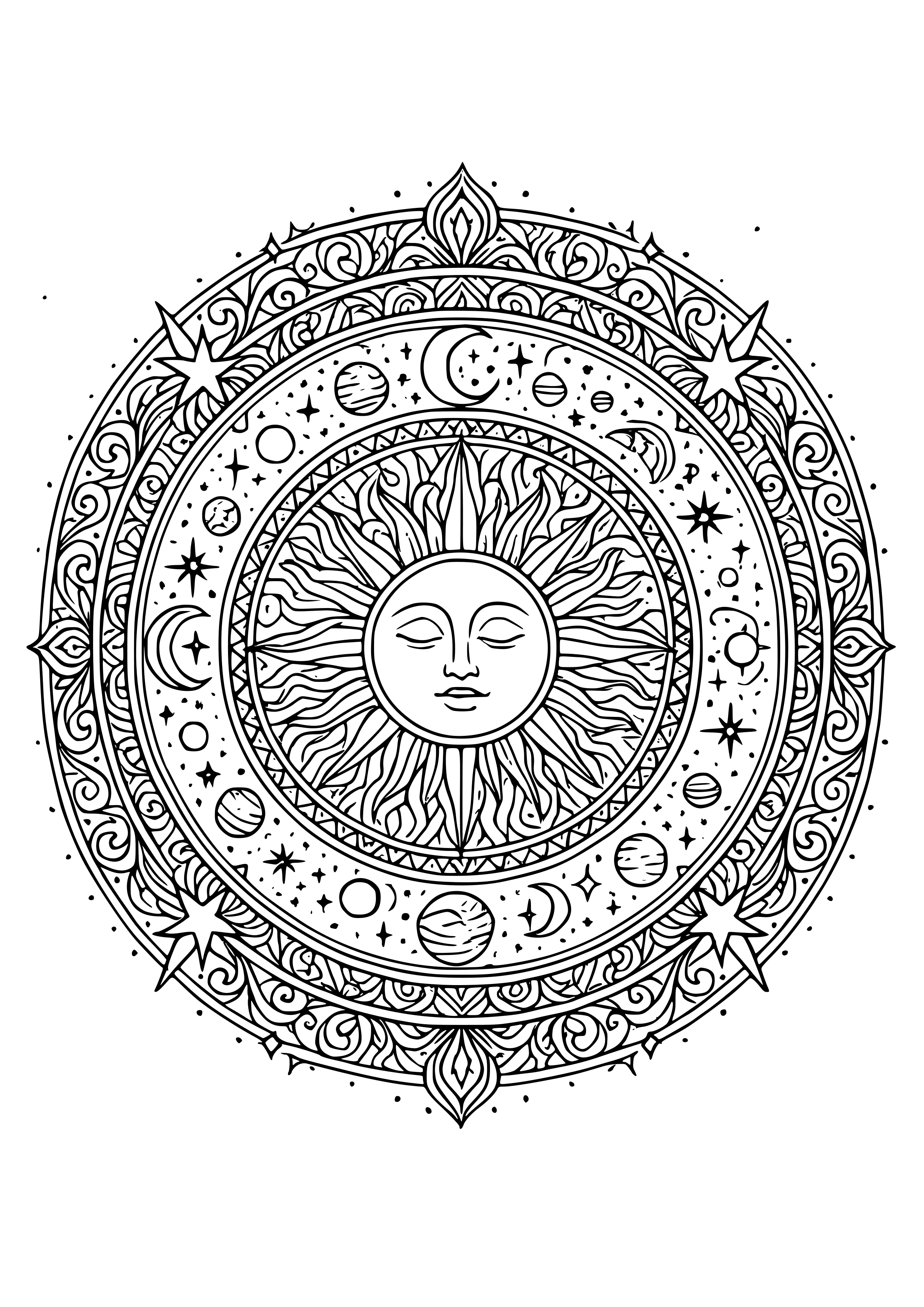 Symbolic Mandala with Celestial Elements Coloring Page