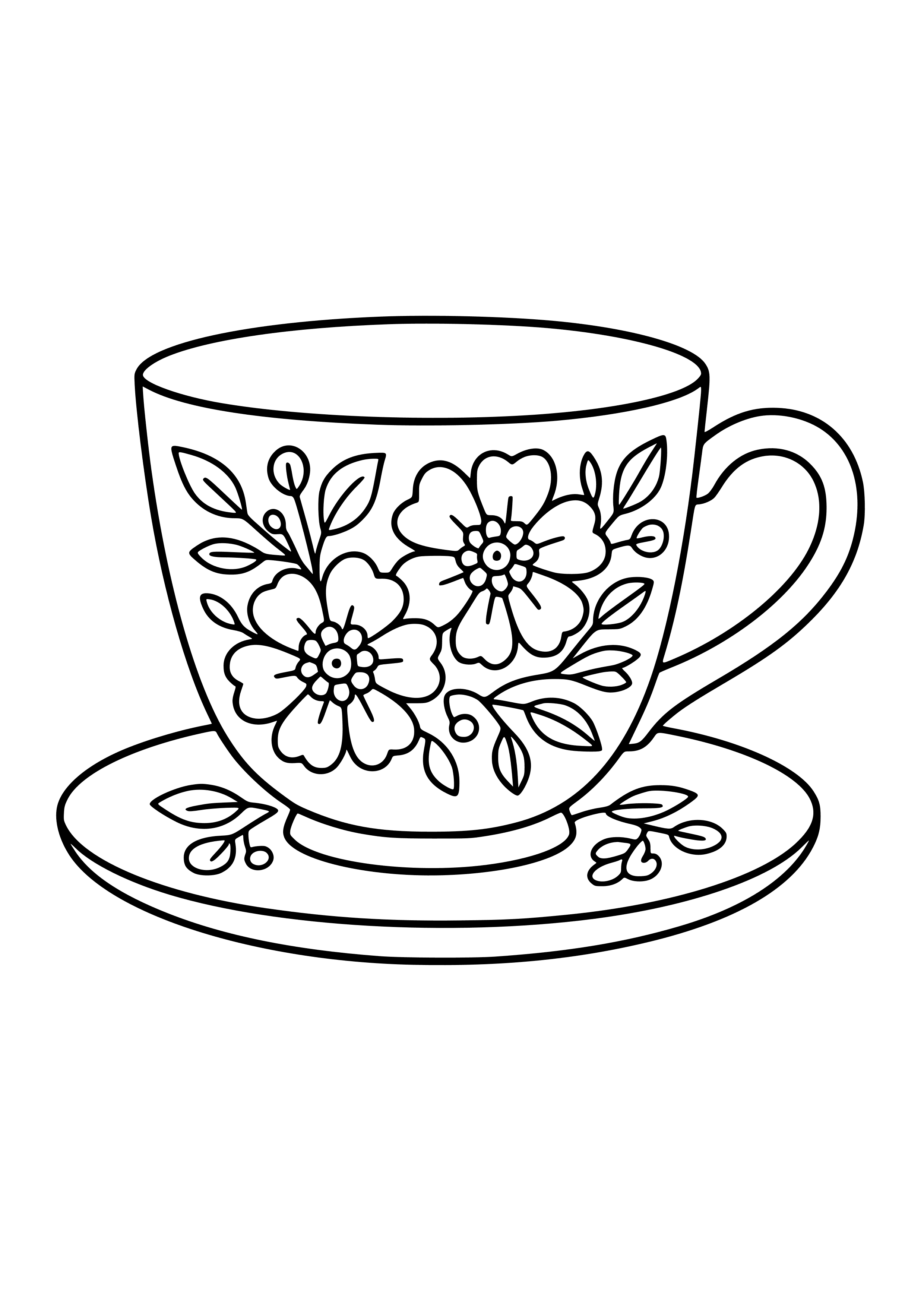 Tea Cup with Floral Patterns Coloring Page