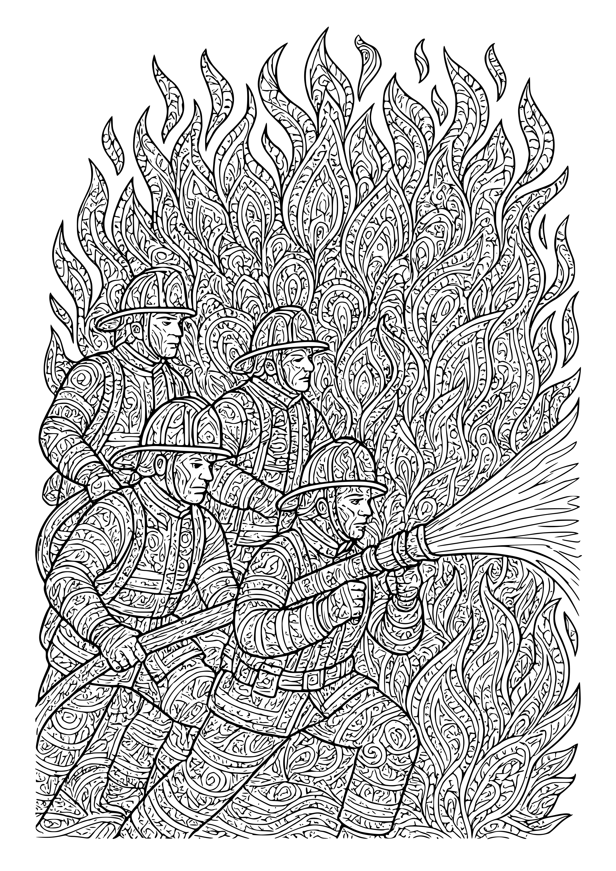 Team of Firefighters Battling a Large Blaze Coloring Page
