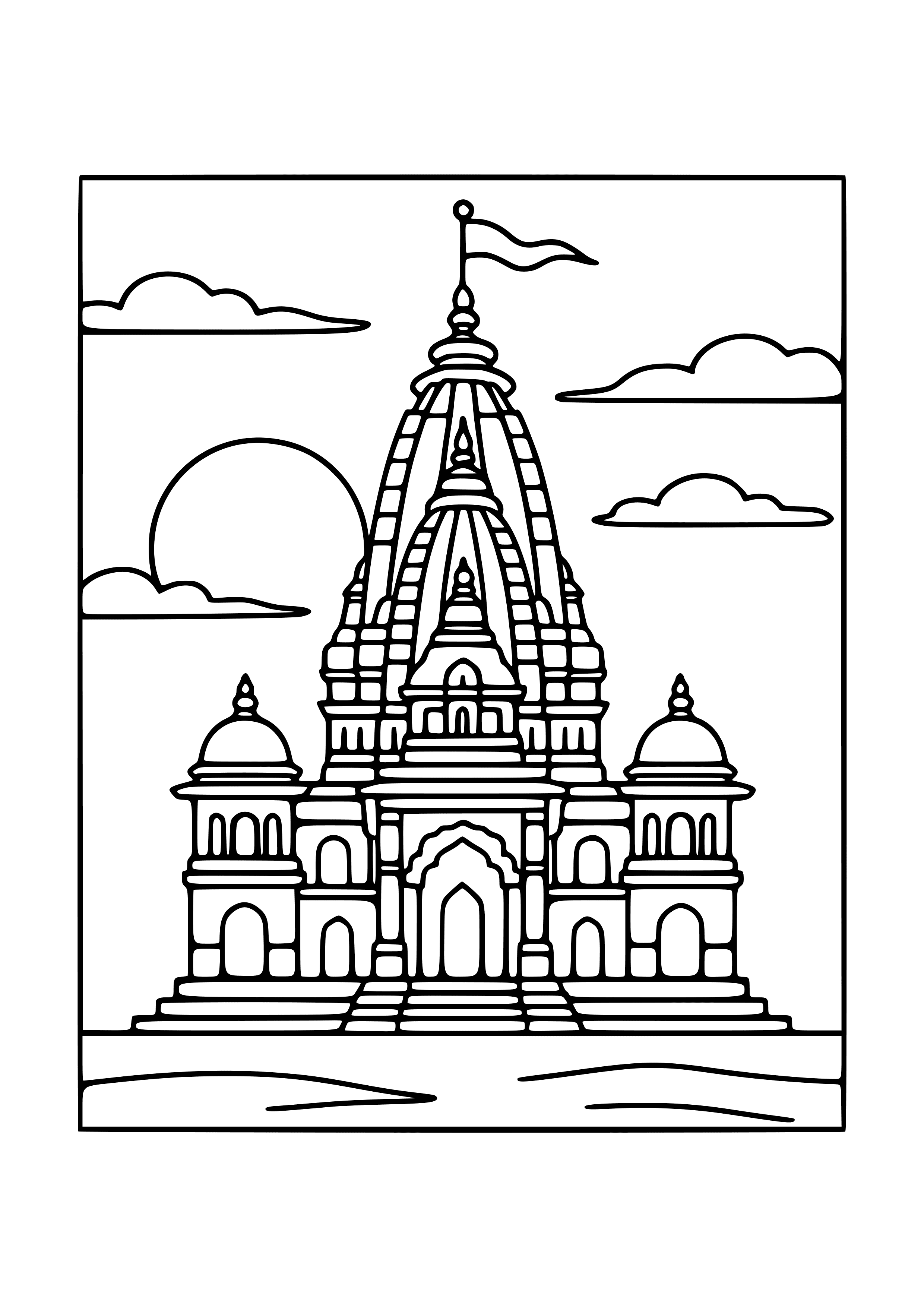 Temple Silhouette at Sunset Coloring Page