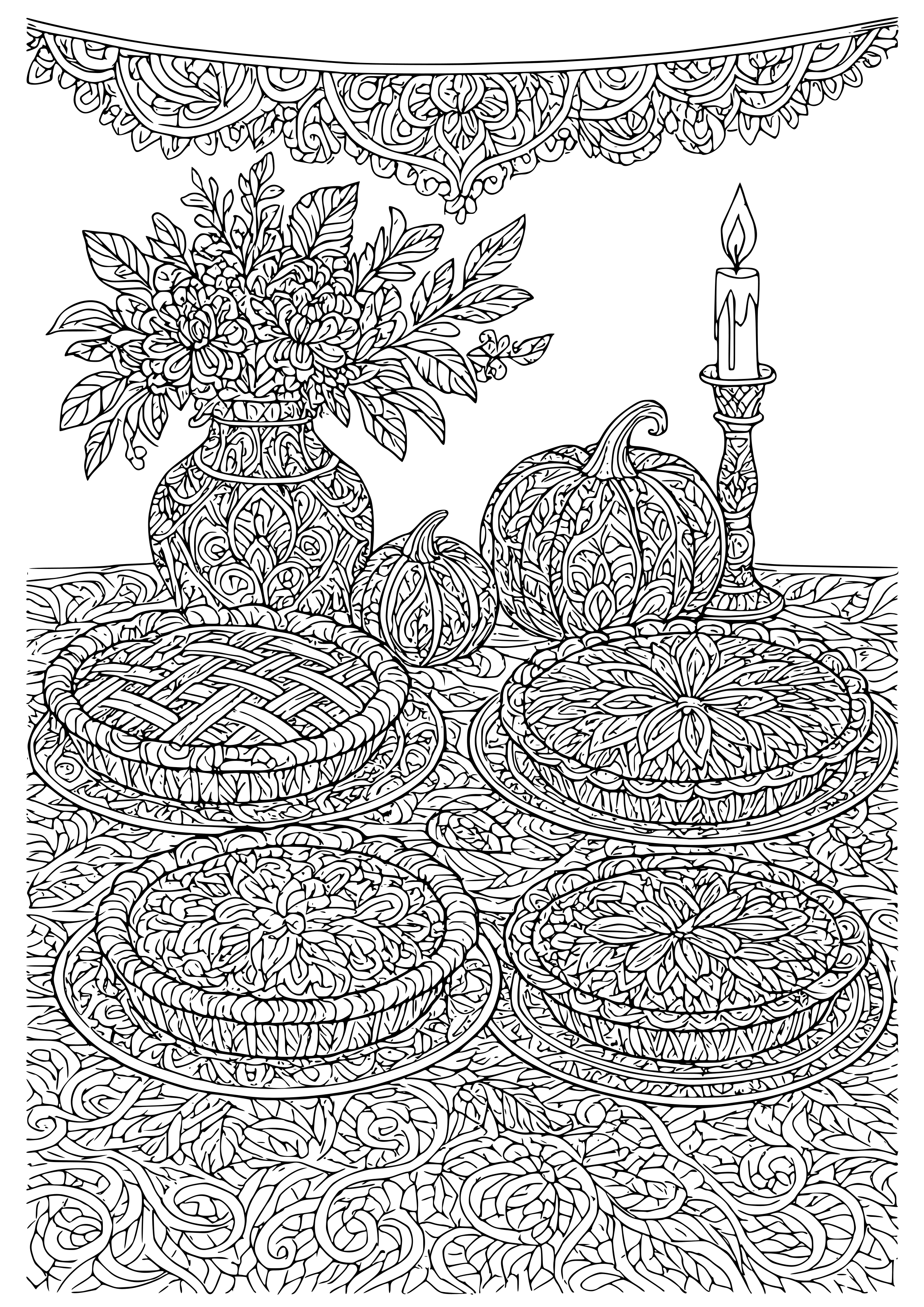 Thanksgiving Dessert Table with Pies Coloring Page