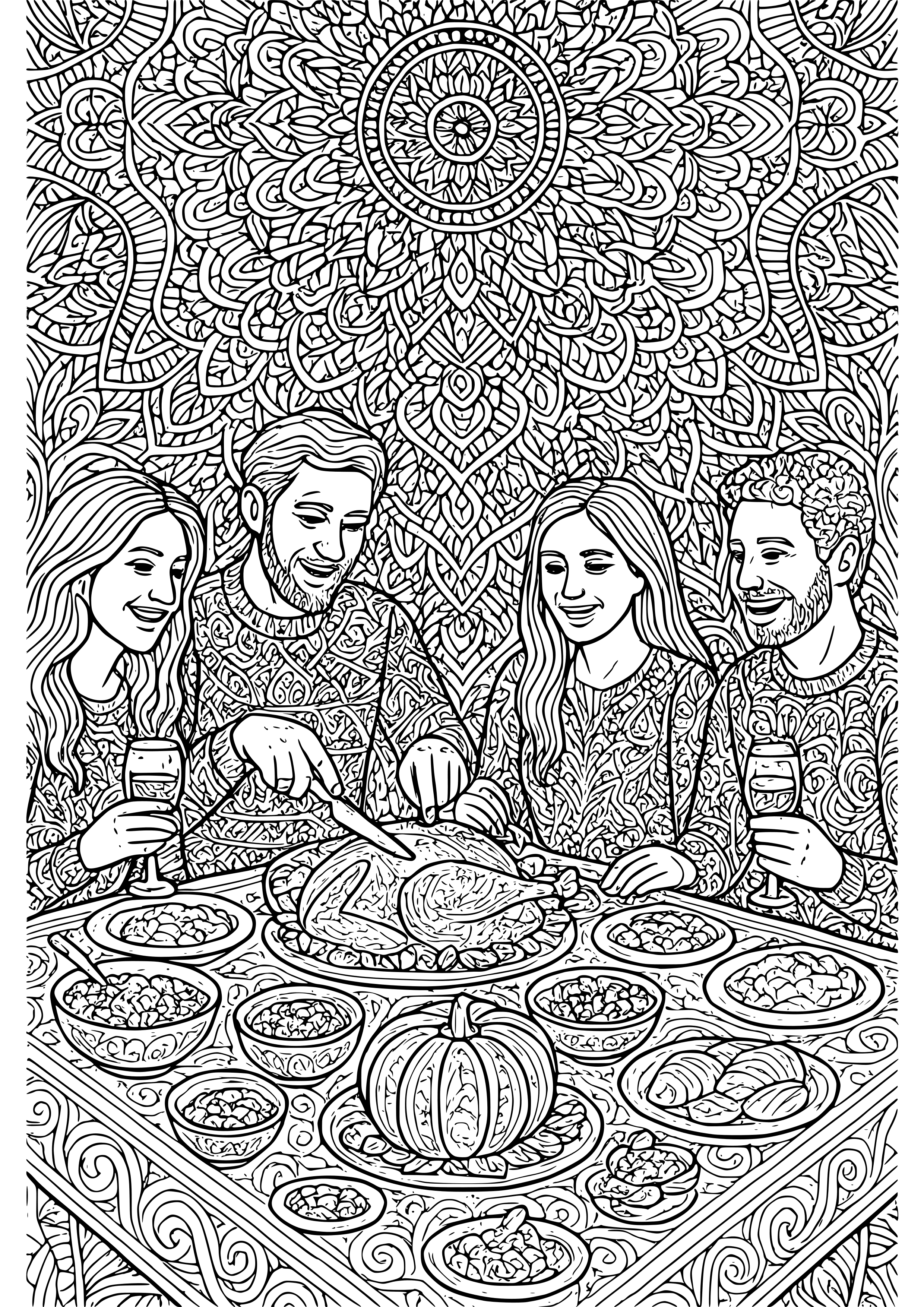 Thanksgiving Dinner with Friends Coloring Page
