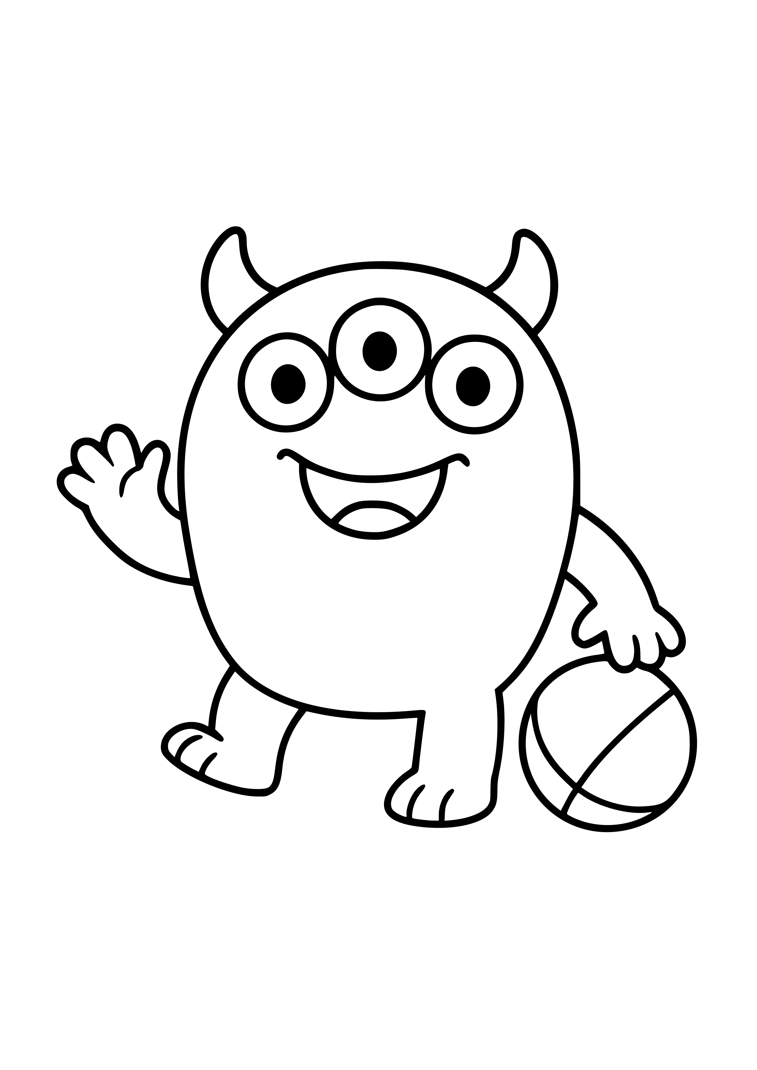 Three-eyed Purple Monster Playing with a Ball Coloring Page