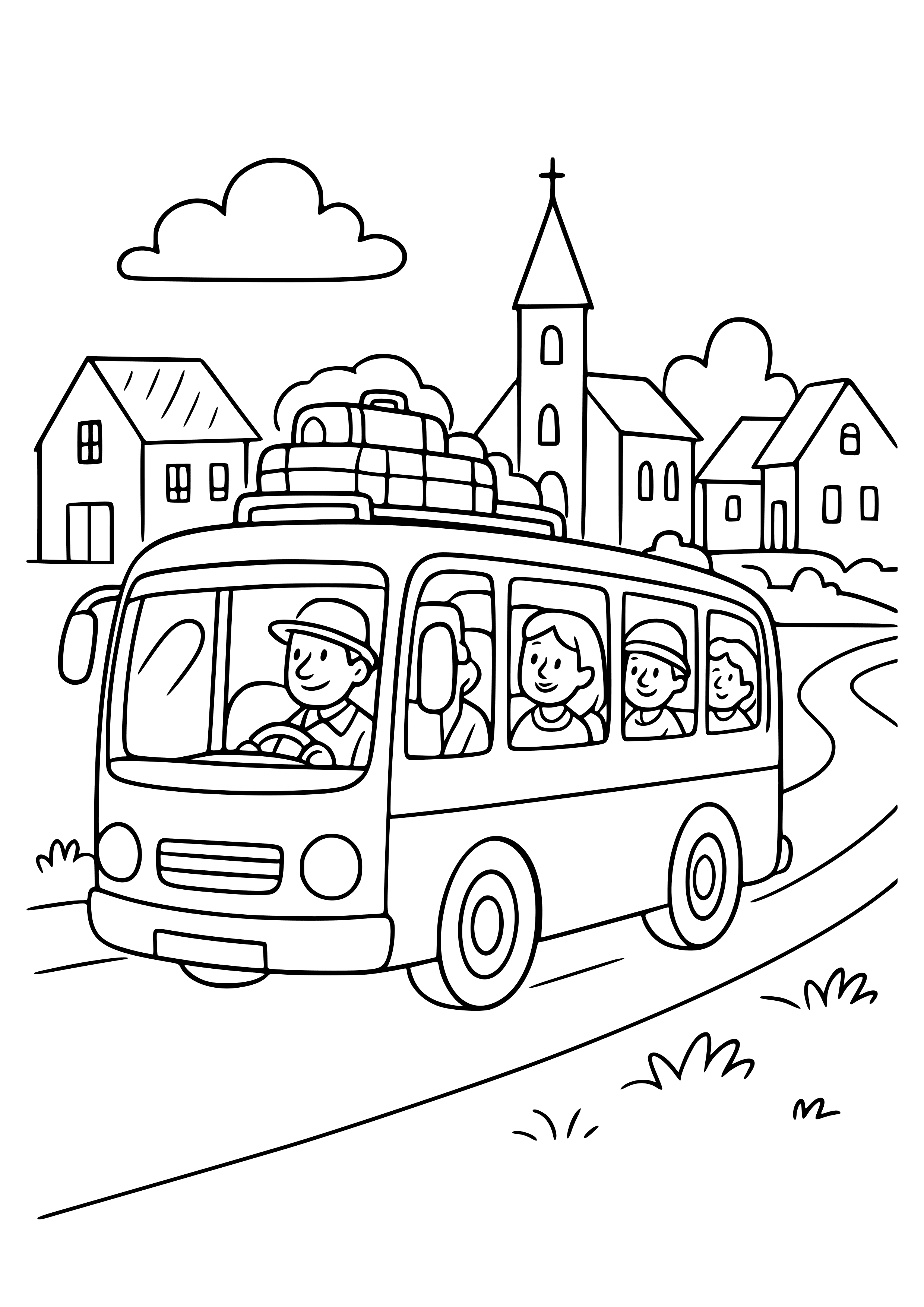 Tourist Bus Driving Through a Village Coloring Page