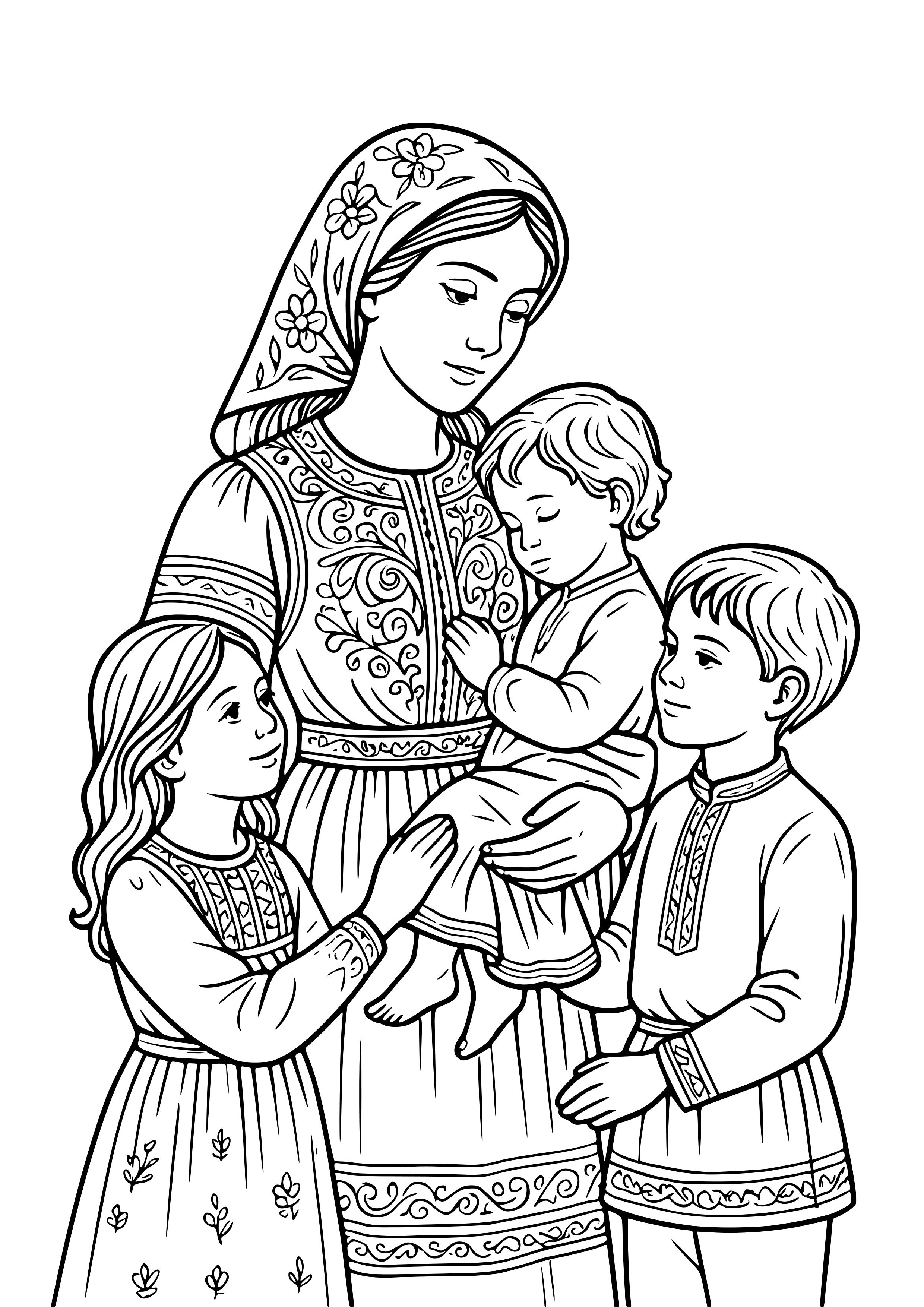 Traditional Mother with Children in Clothes Coloring Page