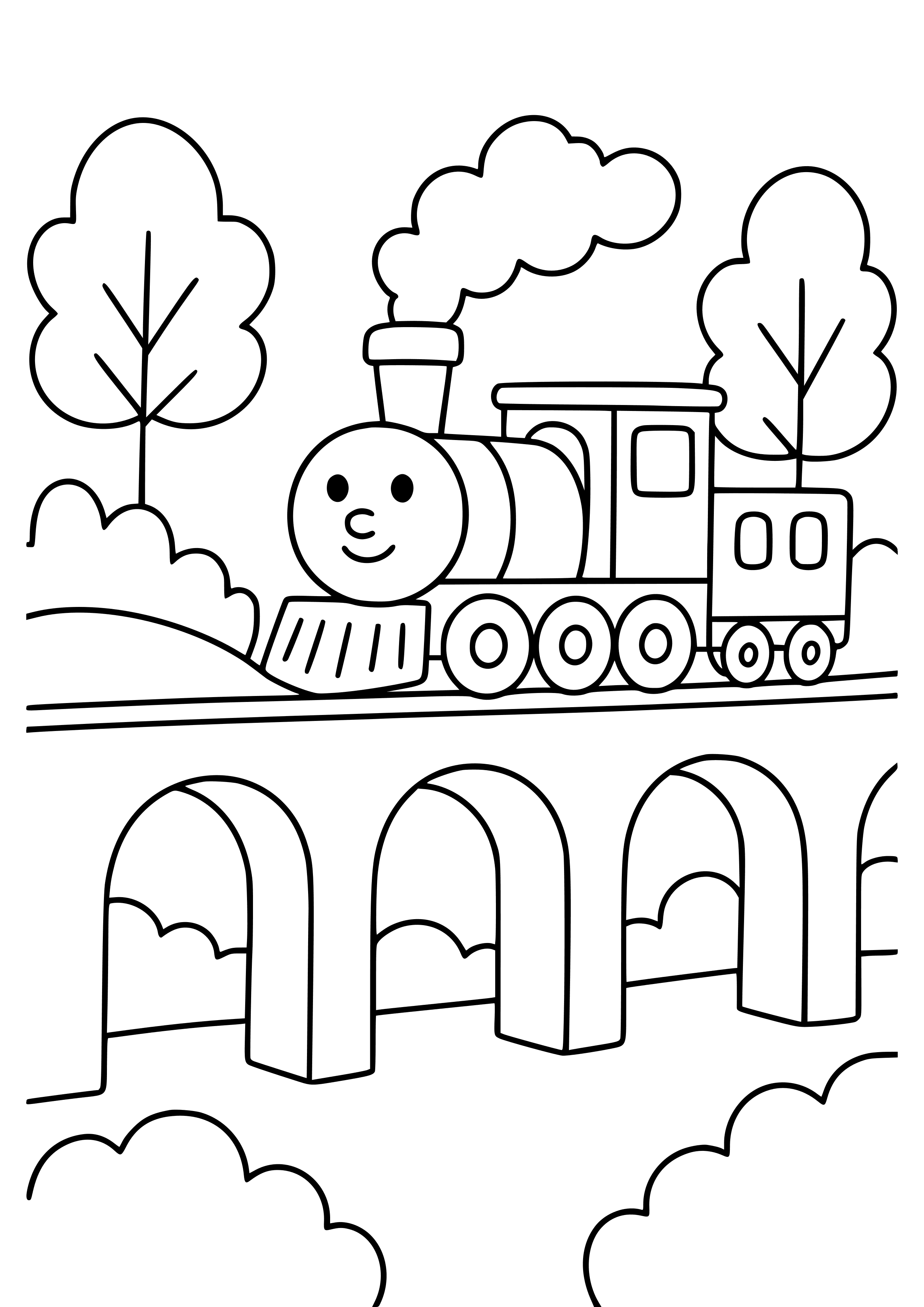 Train on a Bridge Surrounded by Trees Coloring Page