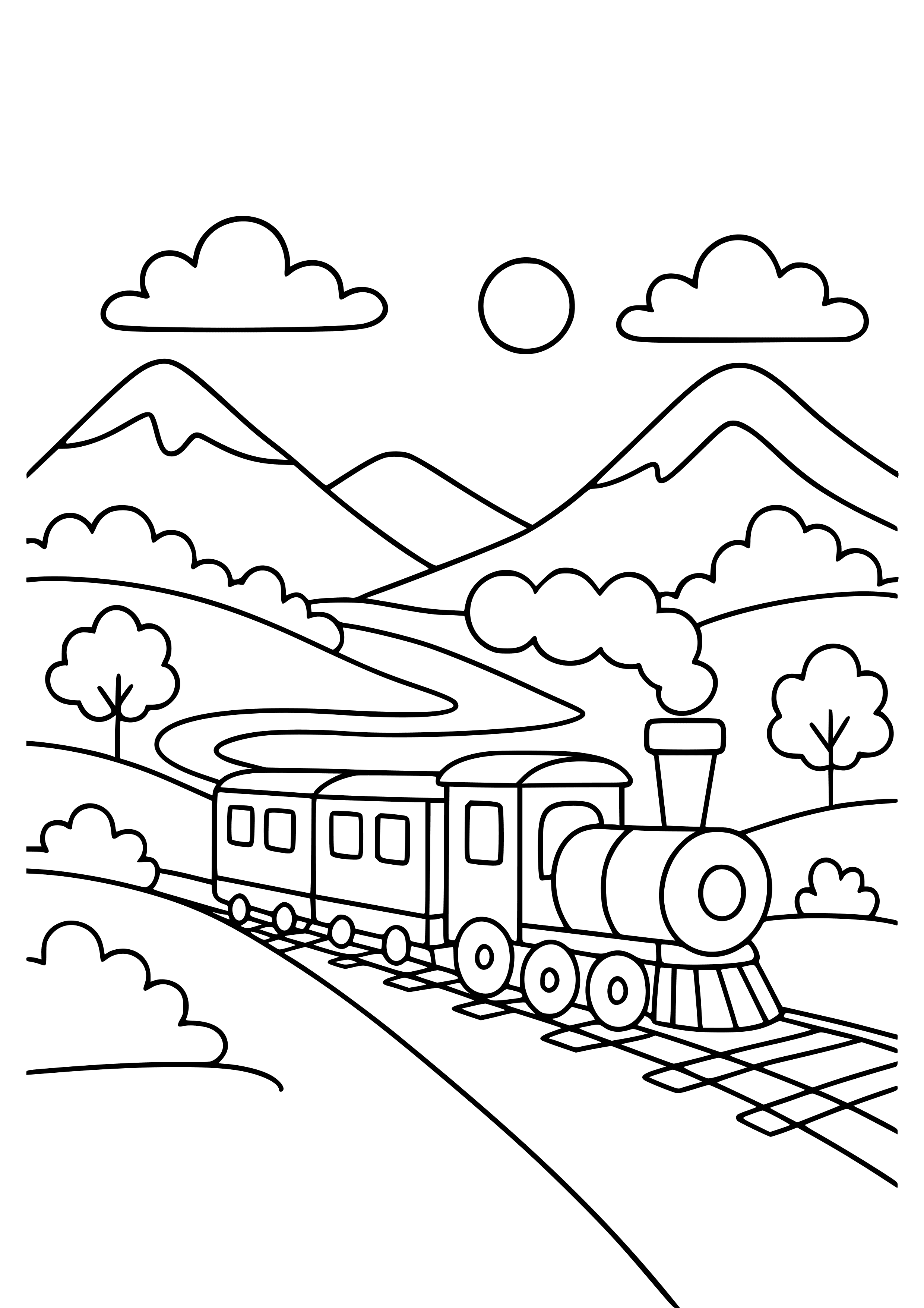 Train Passing Through a Beautiful Valley Coloring Page