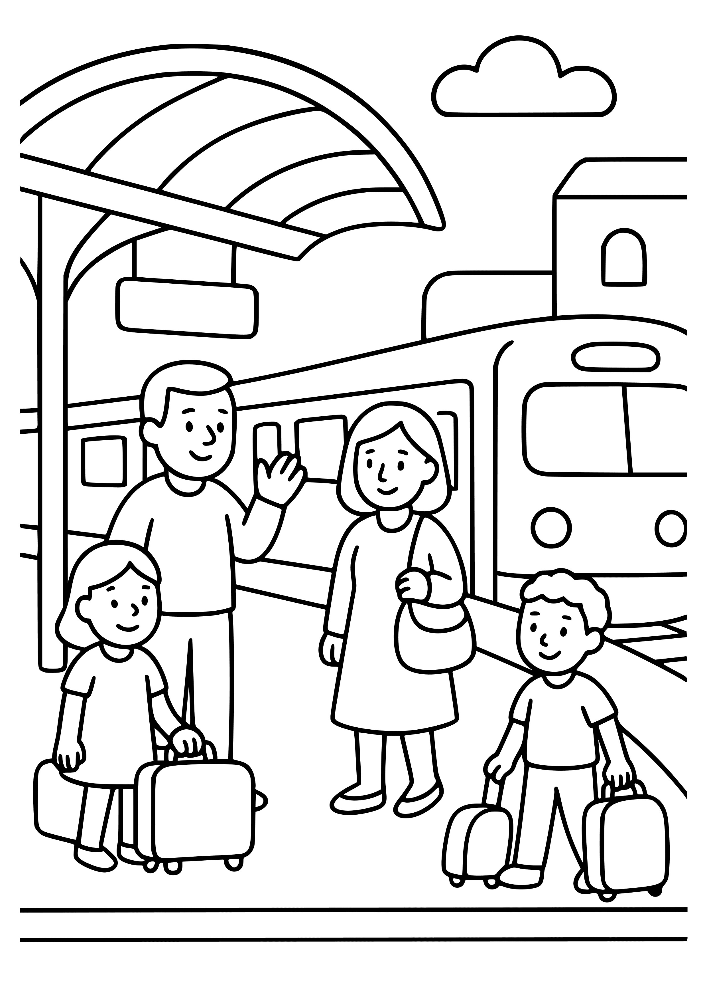 Train Station with Passengers and Luggage Coloring Page