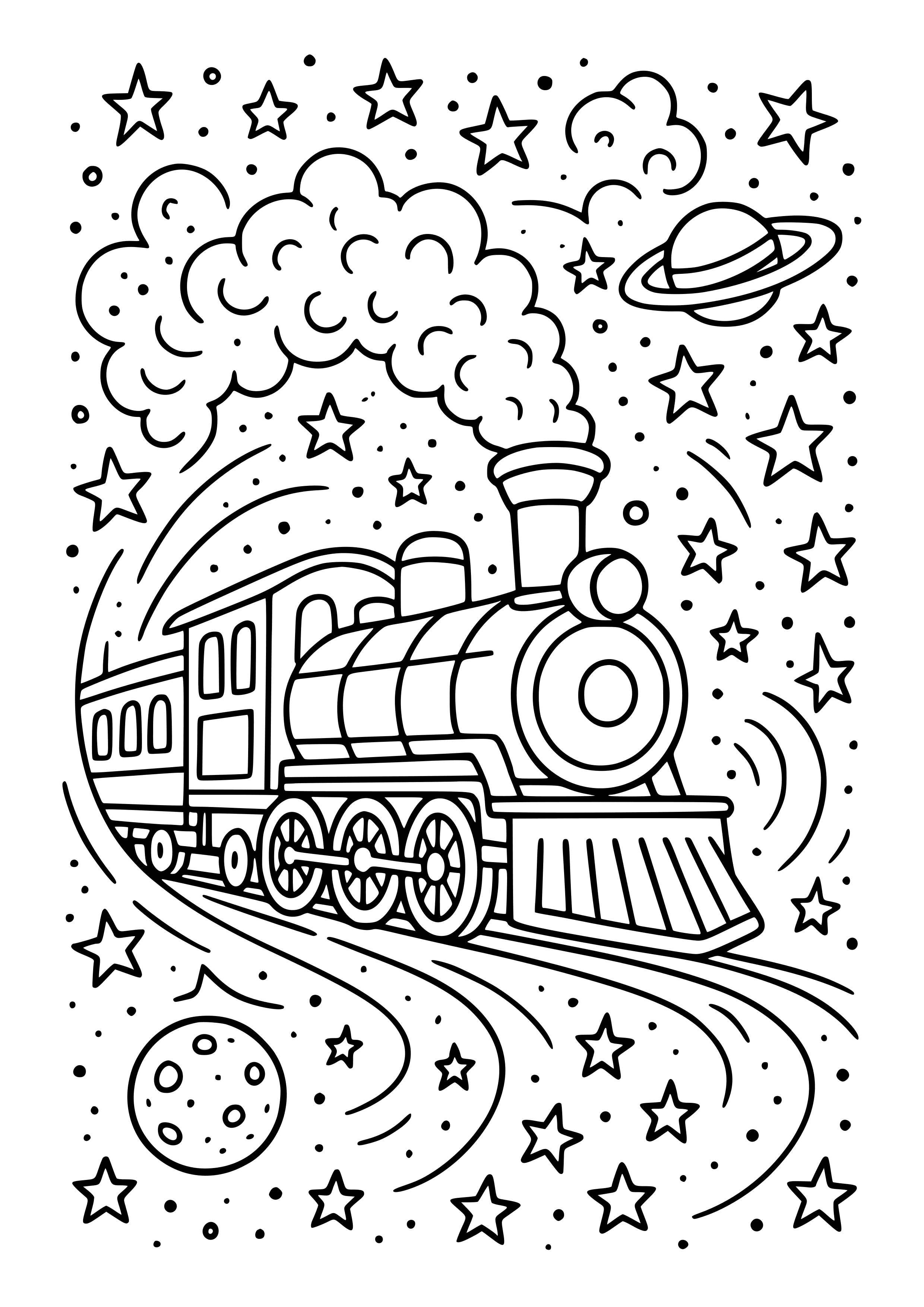 Train Surrounded by a Galaxy of Stars Coloring Page