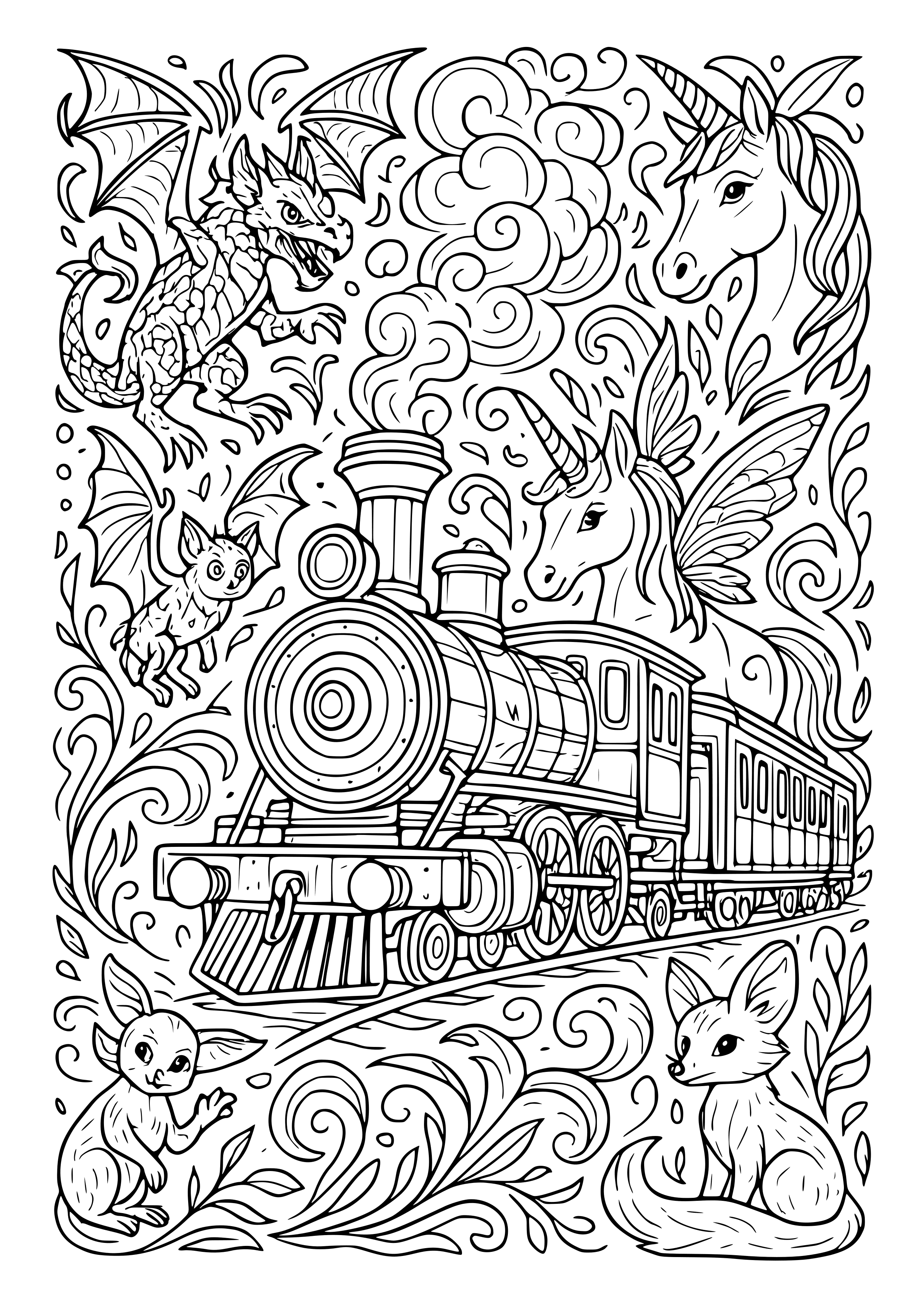 Train Surrounded by Magical Creatures Coloring Page