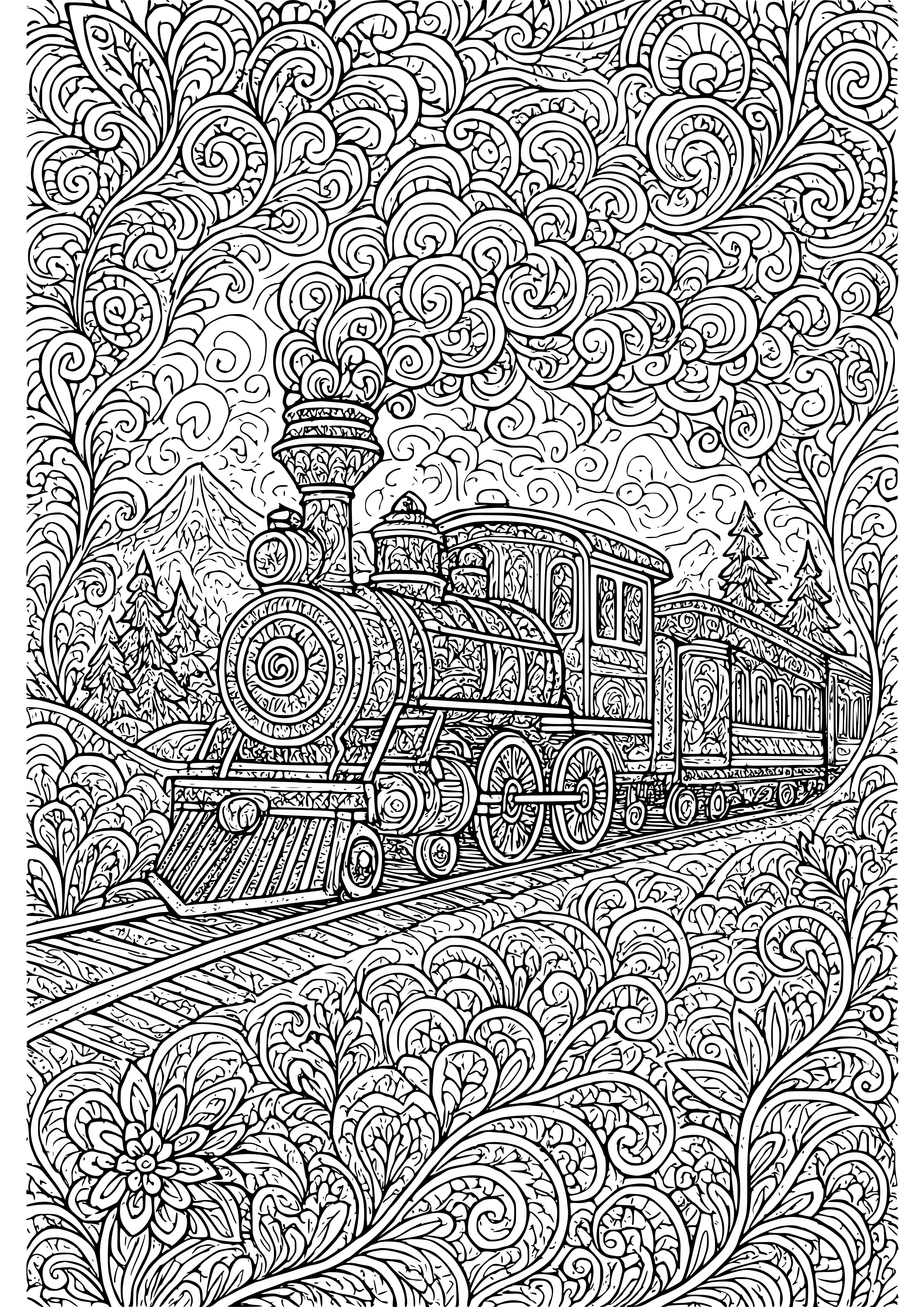 Train Through a Mystical Landscape Coloring Page