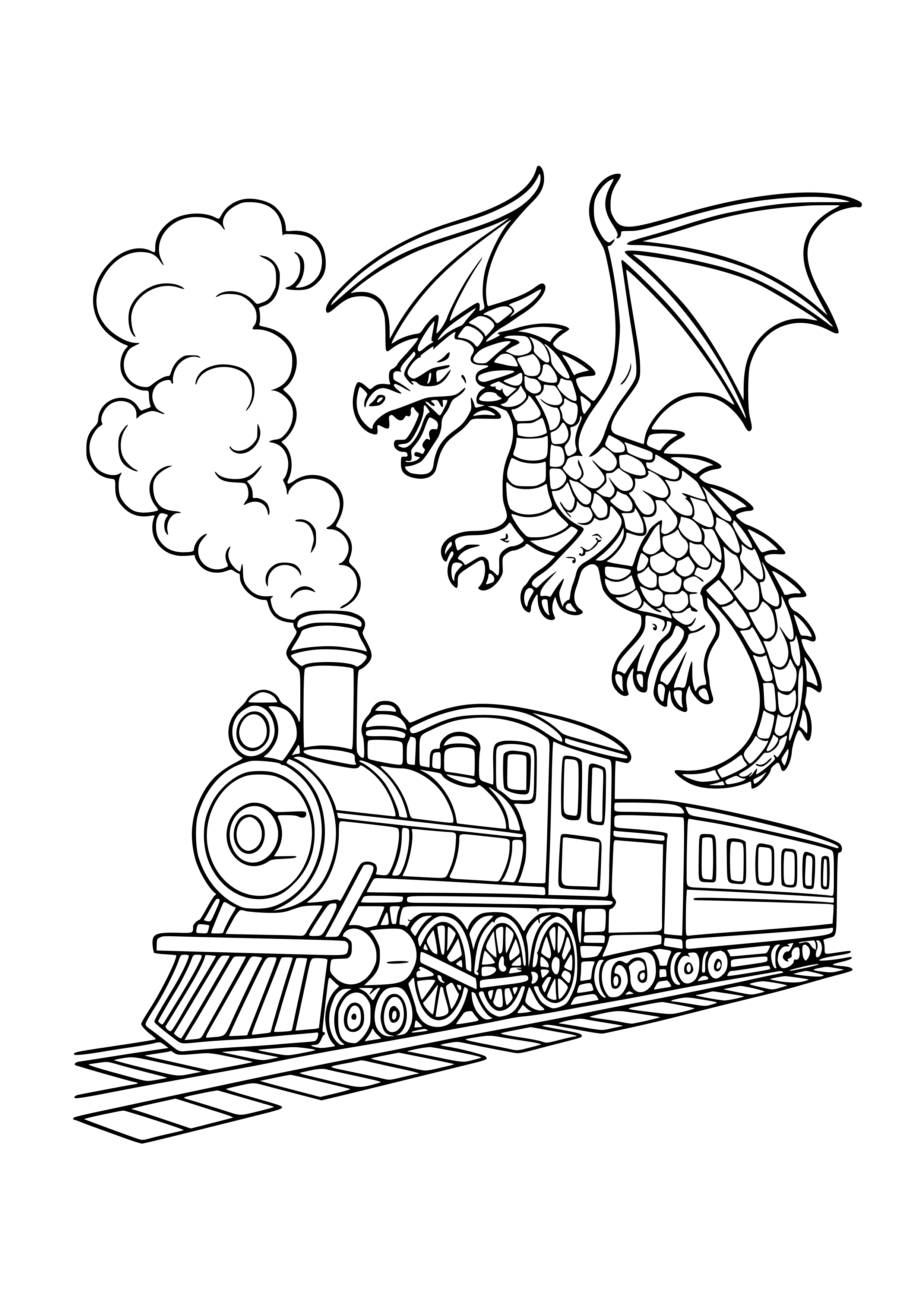 Train with a Dragon Flying Alongside Coloring Page